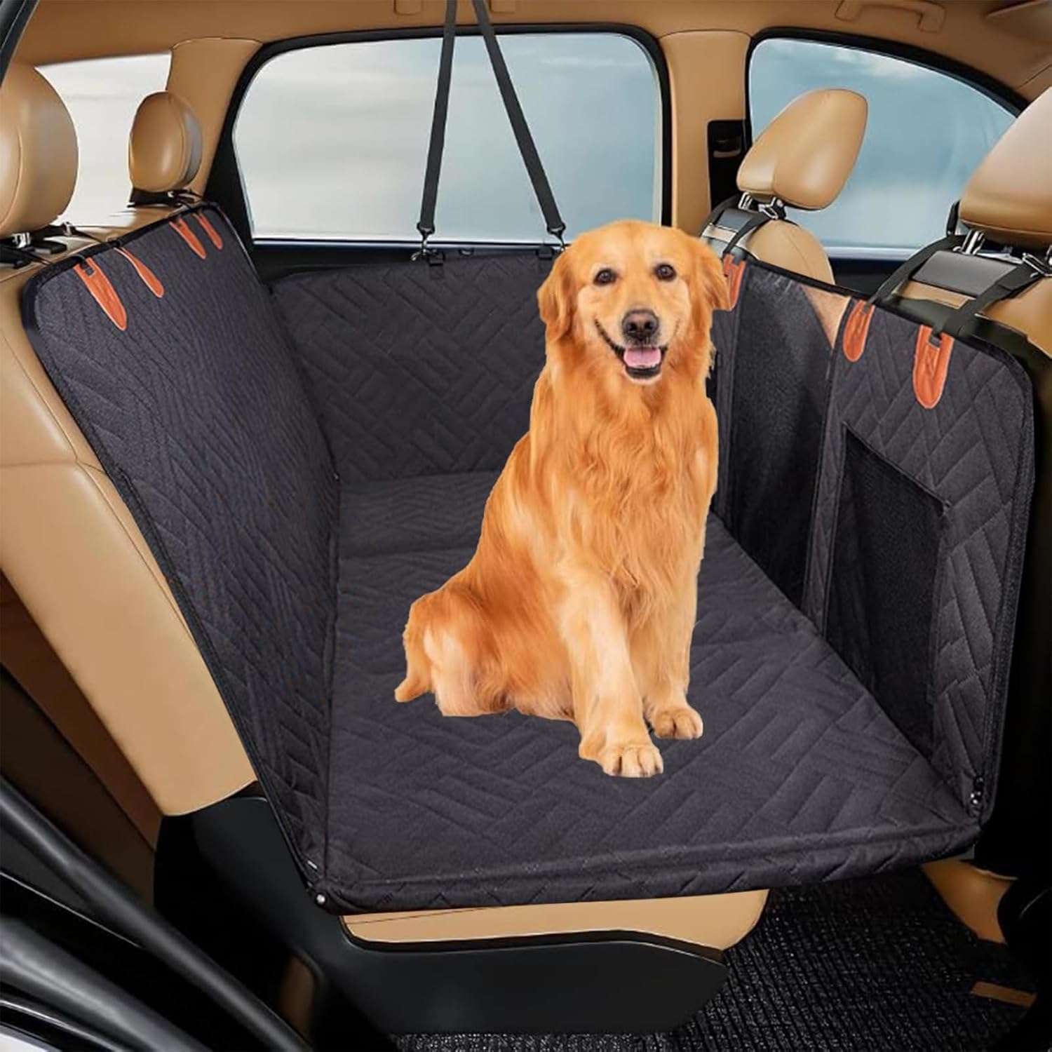 自動車用ペットシートカバー - 耐久性のある防水トラック後部座席プロテクター、安全アンカーストラップ付き傷防止ハンモックライナー、犬