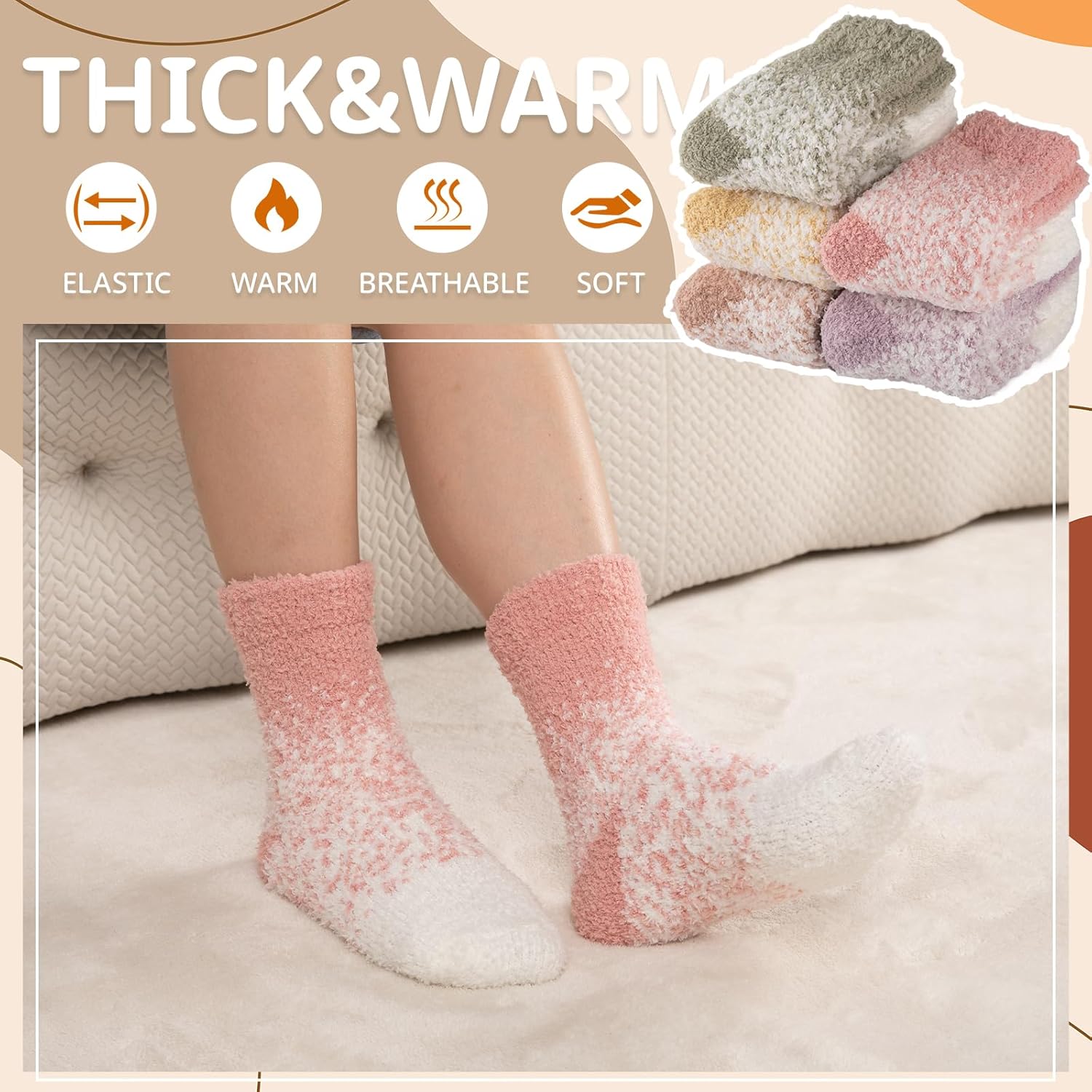 COOVAN Womens Fuzzy Socks Cozy fluffy Slipper Soft Winter Warm Microfiber Sleeping Plush Sock 5 pairs - Image 4