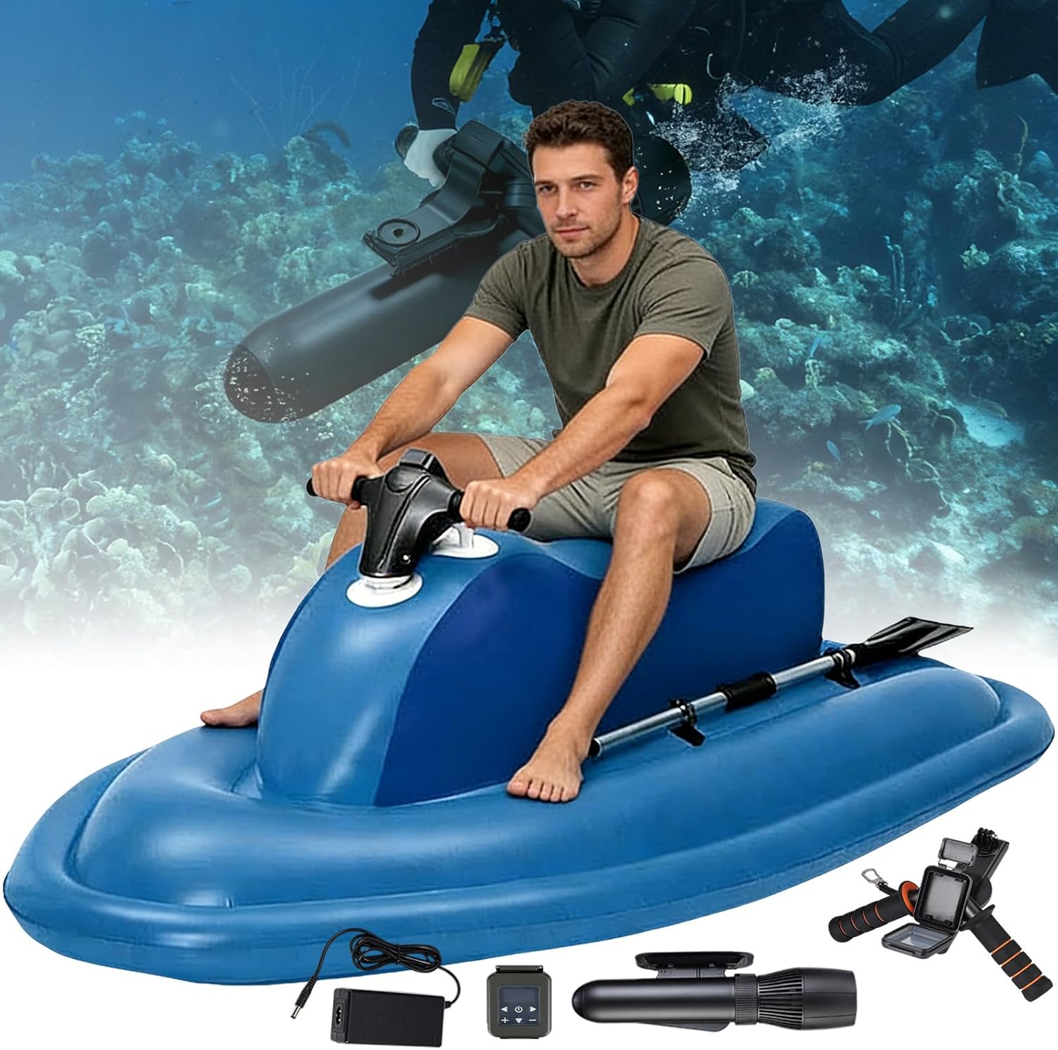 3-in-1 Electric Motor Boat: Kayak/Electric Scooter/Underwater Propulsor, 3-11 km/h & 35-180 Min Battery Life, PVC Material + Brushless Motor, for Family Water Activities 700W16Ah