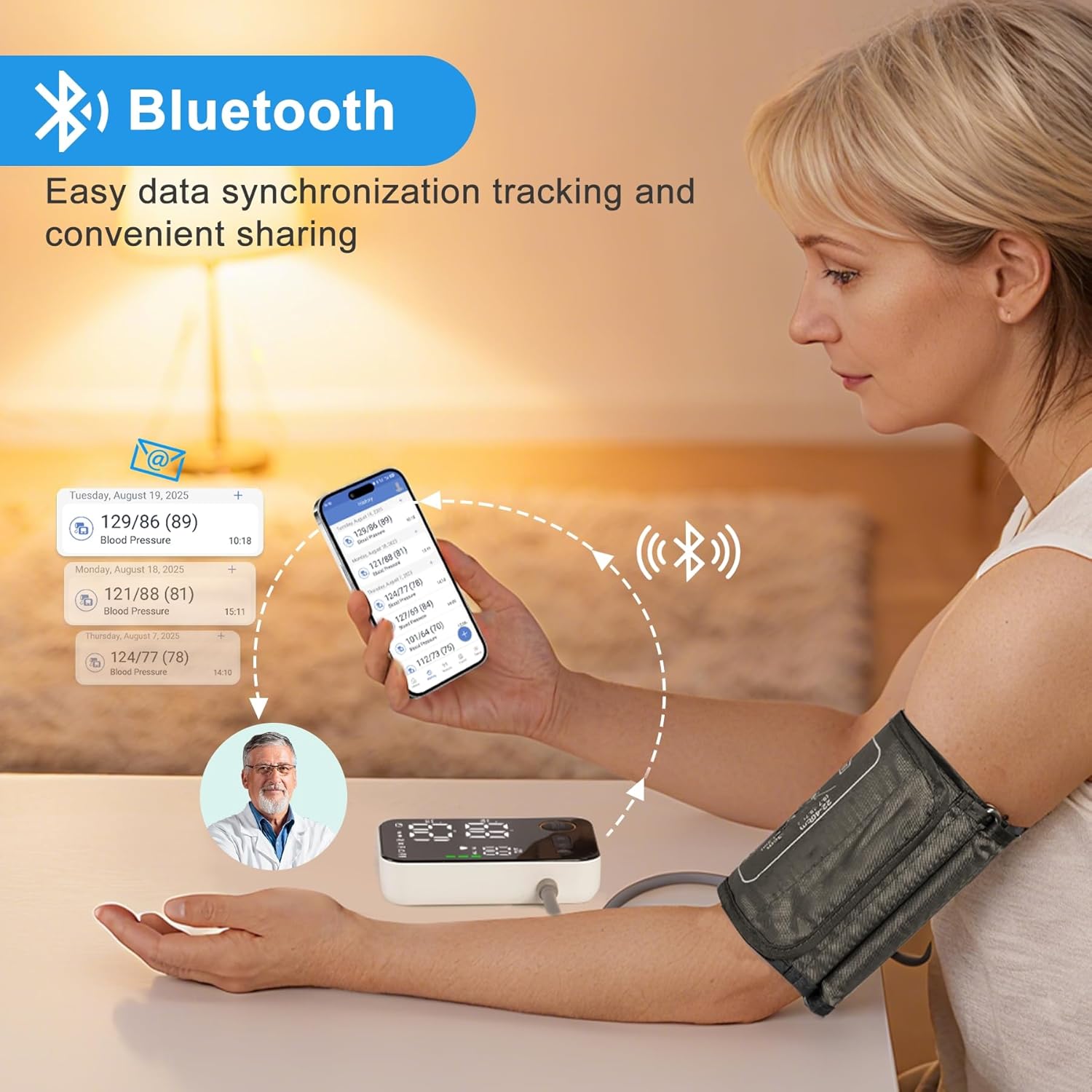 Blood Pressure Monitor Upper Arm - Bluetooth iOS & Android Compatible One-Button Operation Voice Broadcast Large LED Display Backlit 2x120 Memory Adjustable Cuff 8.7"-16.5" with Storage Bag Black - Image 5