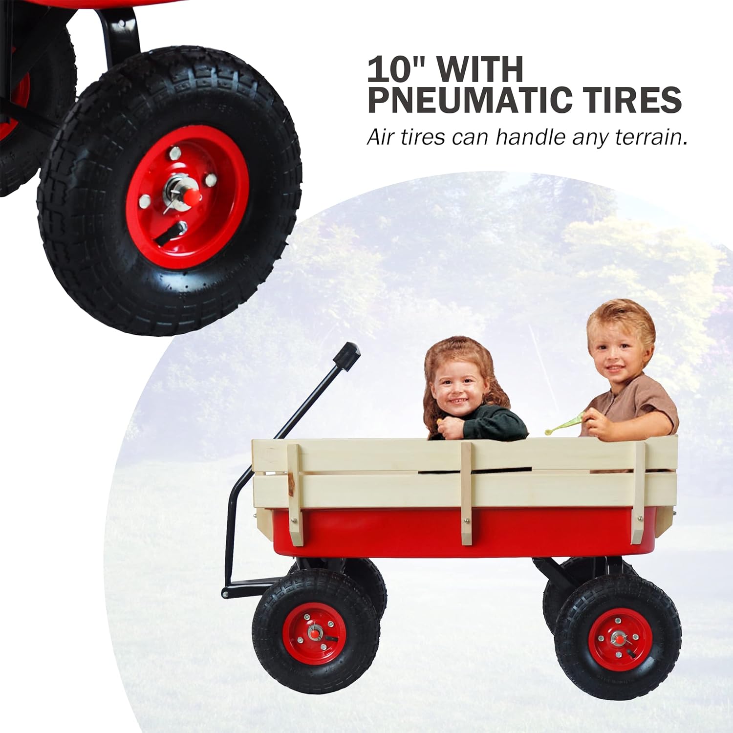 Classic Steel & Wood Utility Wagon for Family, Kids & Gardening, 10” All-Terrain Pneumatic Tires, 176 lb Capacity, Foldable Handle, Removable Wooden Sides (Red)