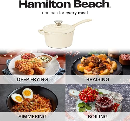 Miniatura 7 de Hamilton Beach Sartén de hierro fundido esmaltado de 2 cuartos de galón, color gris, revestimiento de esmalte crema, olla para cocina de estufa y