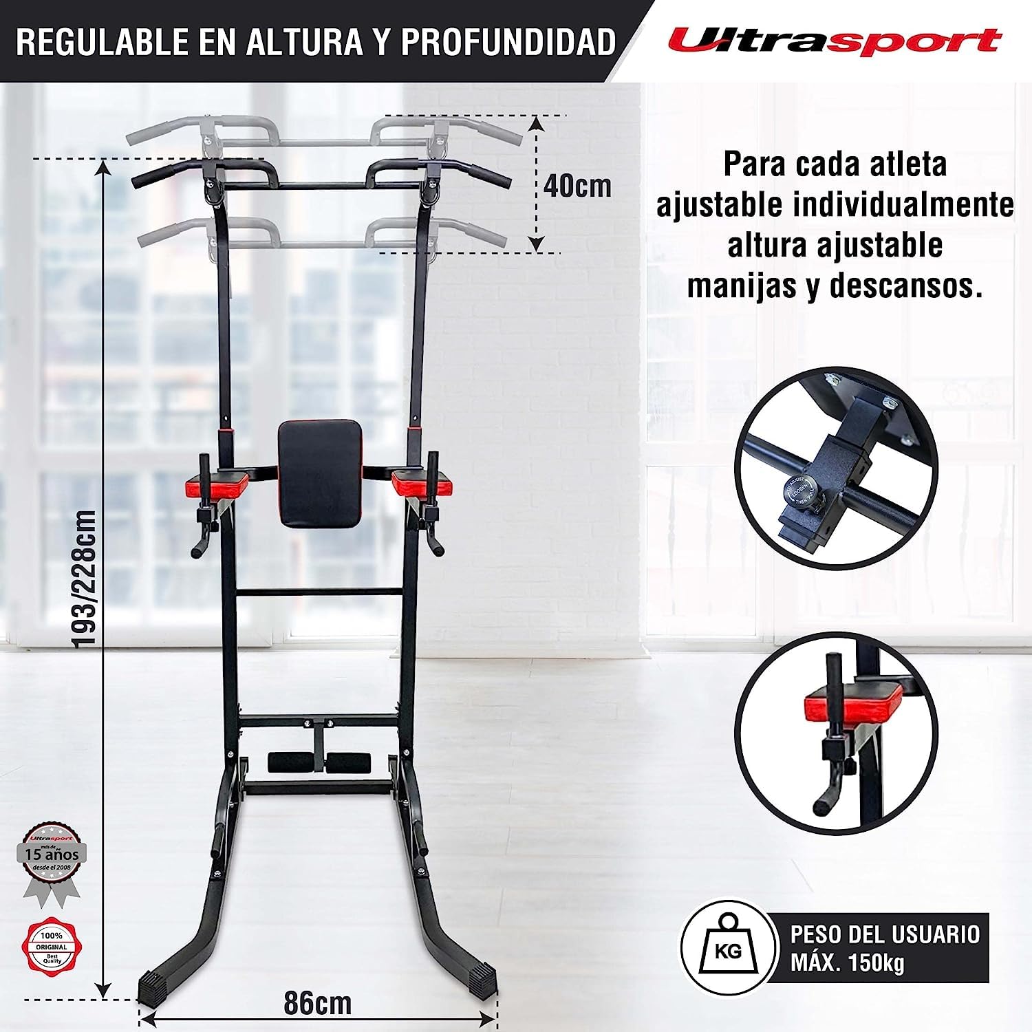 Ultrasport Power Tower, estación de flexiones, estación de inmersión, torre de fitness, altura ajustable, gimnasio en casa, torre de fuerza, ajustable hasta 150 kg de peso del usuario
