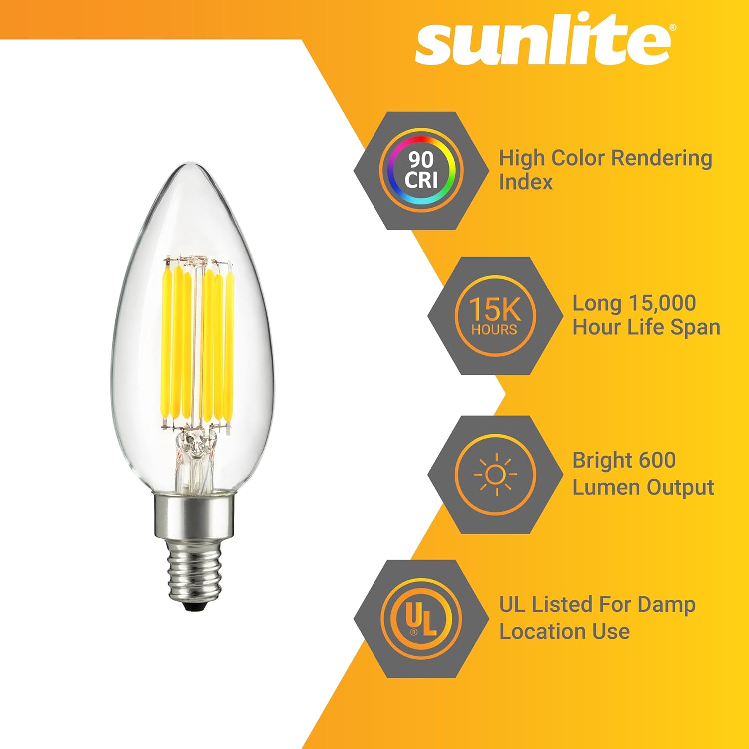 Sunlite LED B11 Filament Style Chandelier Light Bulb, Torpedo Tip, 5.5 Watts (60 W Equivalent) Dimmable, 600 Lumens, Candelabra E12 Base, UL Listed, 90 CRI, 12 Pack, 40K-Cool White
