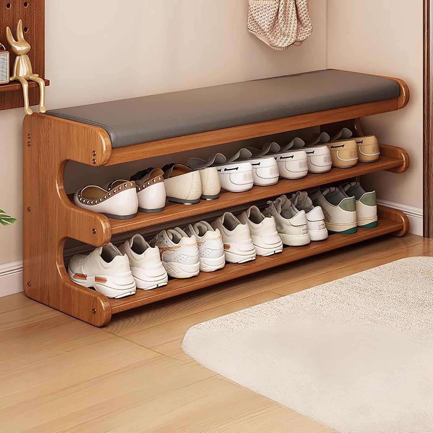 Banc de rangement à chaussures en bambou 100 cm avec coussin confortable