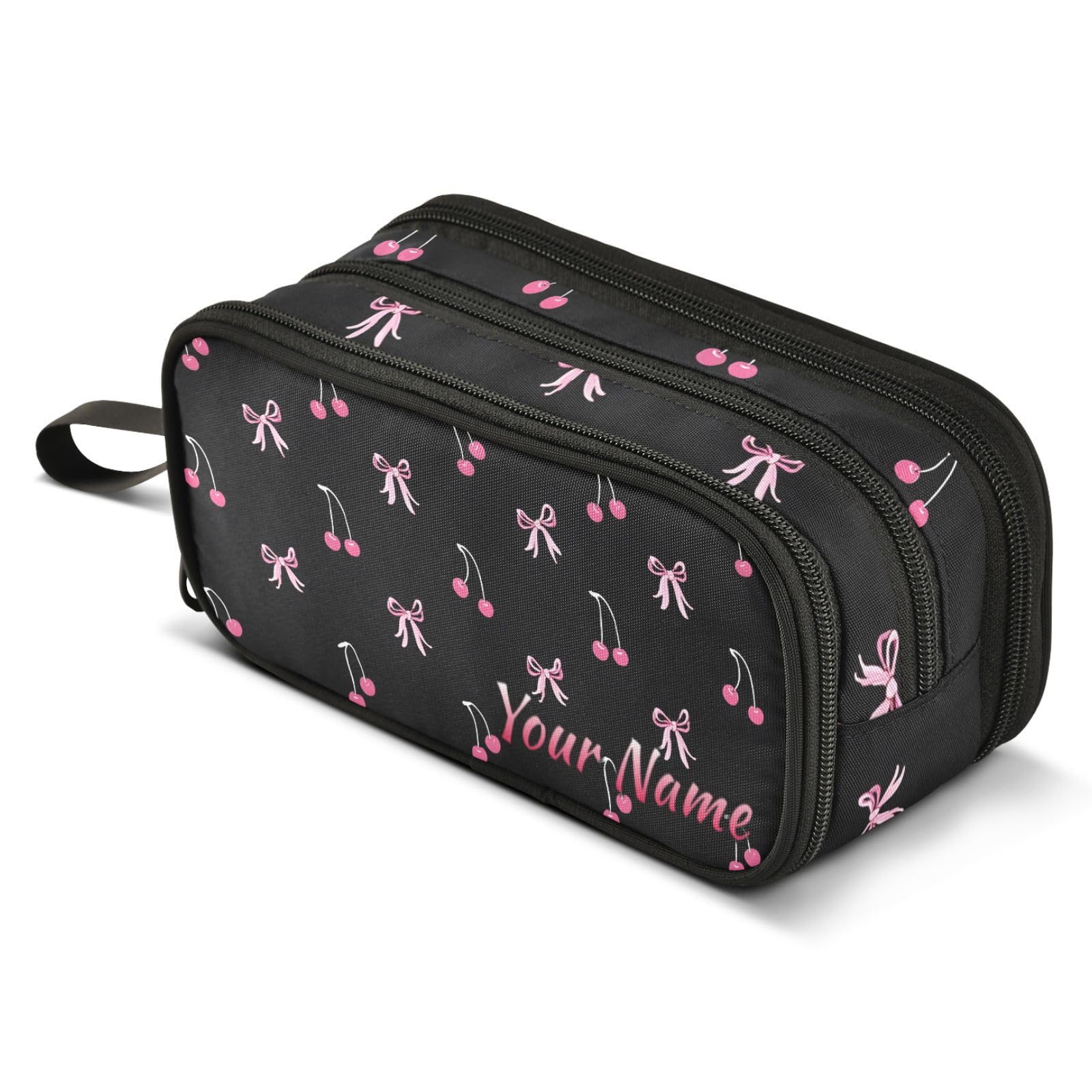 Mnsruu Personalised Pencil Case Custom Pencil Pouch with Your Name Black Pink Bow Cherry Large Stationery Pen Bag for Boys Girls Adults School Office — image 1