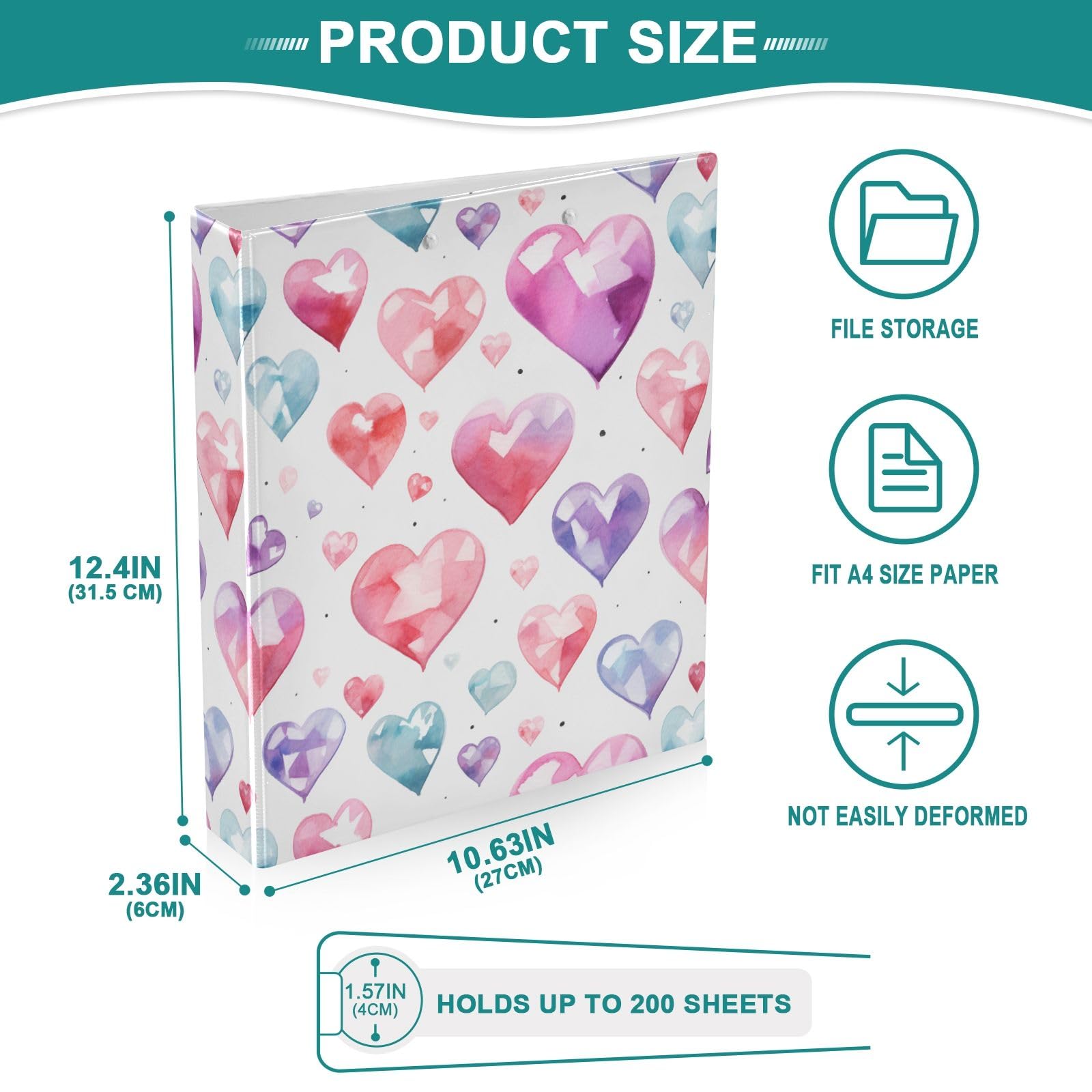 Gem Love - Raccoglitore a 3 anelli, 3,8 cm, rotondo, contiene 200 fogli con 3 tasche interne in PVC trasparente, per scuola e ufficio
