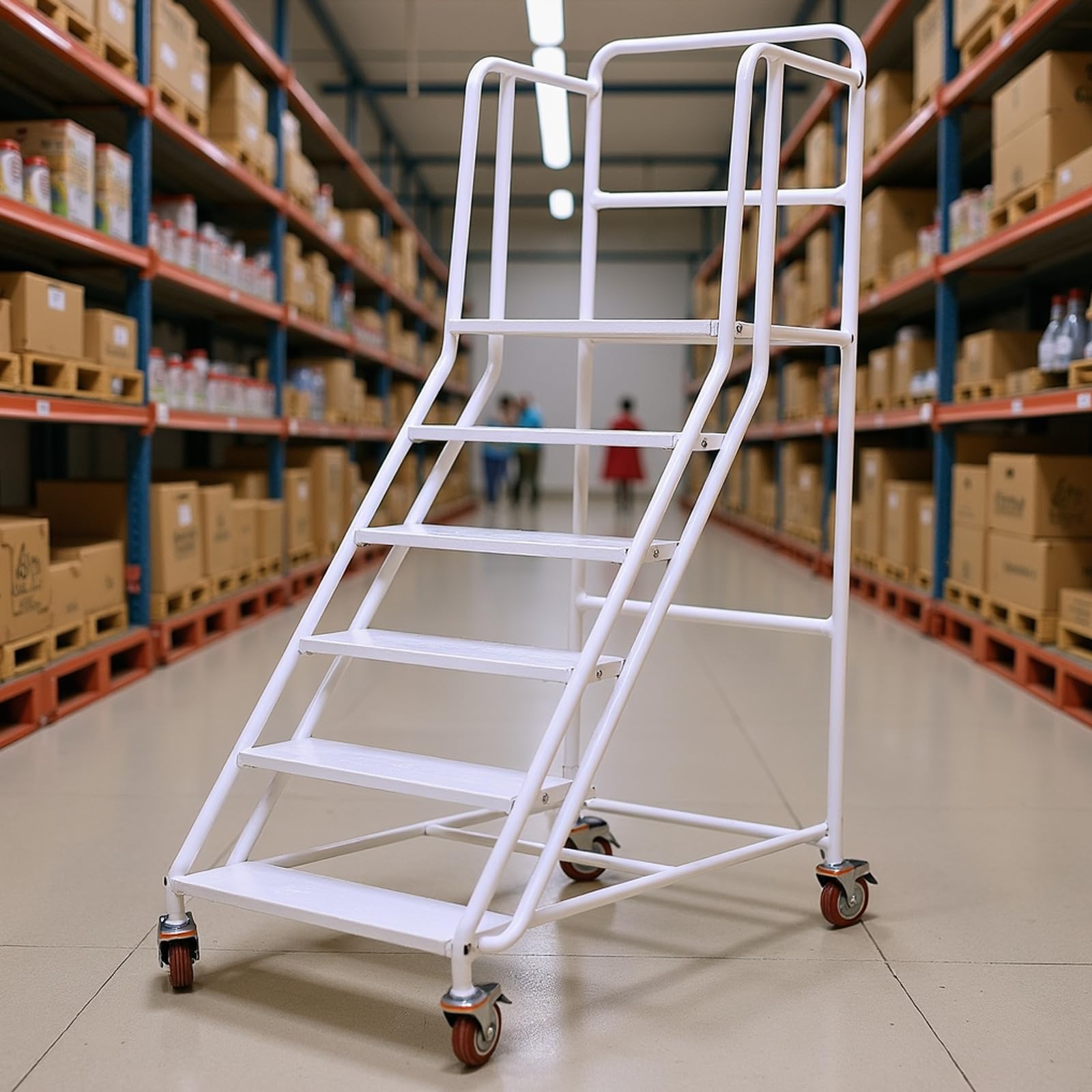 6-Steps Rolling Stairs with Wheels, Rolling Steps Ladder Industrial Warehouse Mobile Stairs, Non Slip Factory Pickup Shelf, Supermarket Climbing Ladder for Garage, Library (white, 6 Steps)