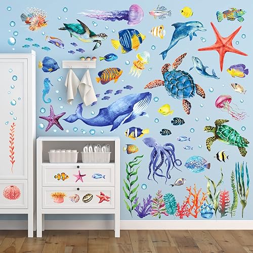 Miniatura 3 de BASHOM DS12-8048 128 calcomanías de pared bajo el mar, calcomanías de peces oceánicos, tortuga, medusas, algas marinas, extraíbles para niños,