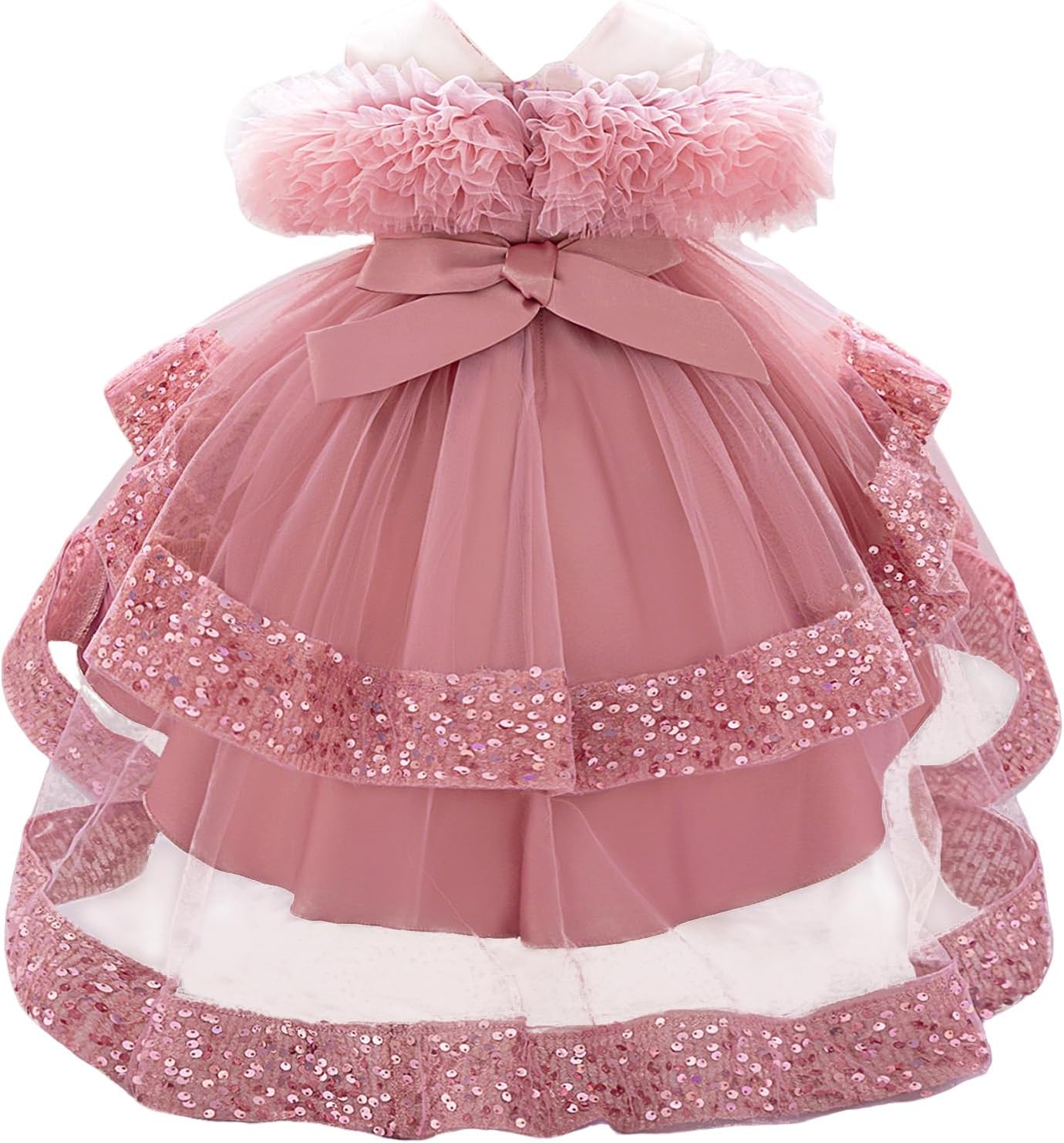 Lamgool Baby Girl Pageant Dress Sequins Off-the-Shoulder Flower Girl Dress with Ruffled High-Low Train Princess Birthday Gown