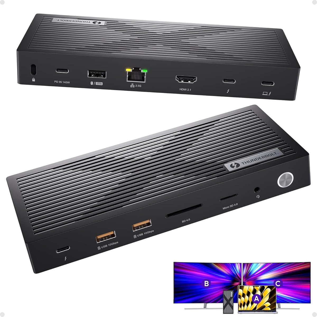 Thunderbolt 4 Dock, PULWTOP Thunderbolt 4 Hub con monitor dual 8K/4K, estación de acoplamiento para portátil con 40Gb/s, HDMI, SD/TF4.0, 2.5GbE para Windows, MacMiniM4 y Mac M4/Pro/Max, certificado