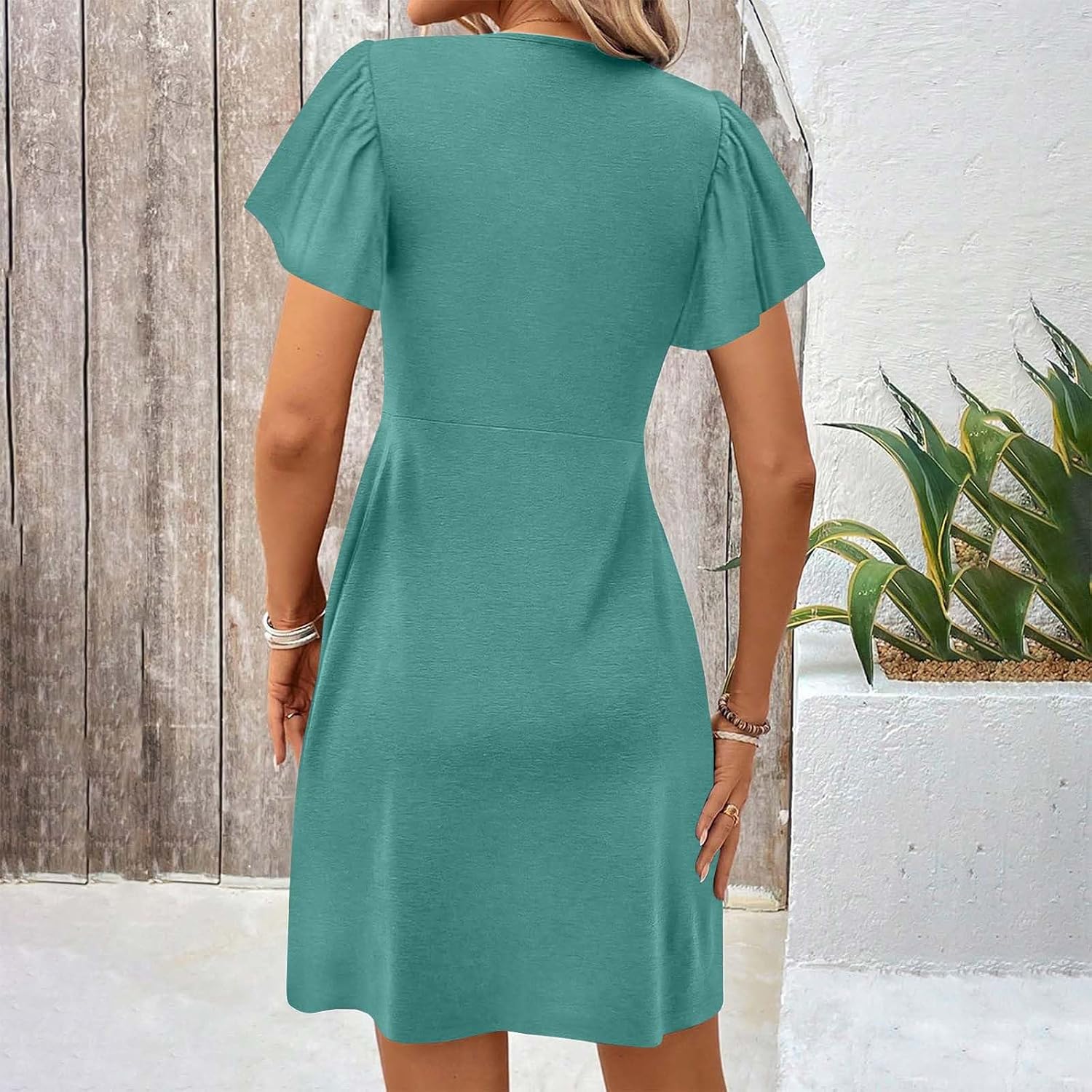 Womens Casual Summer Twist Front V Neck Short Sleeve Mini Dress High Waist A Line Sundresss Trendy Beach Short Dress