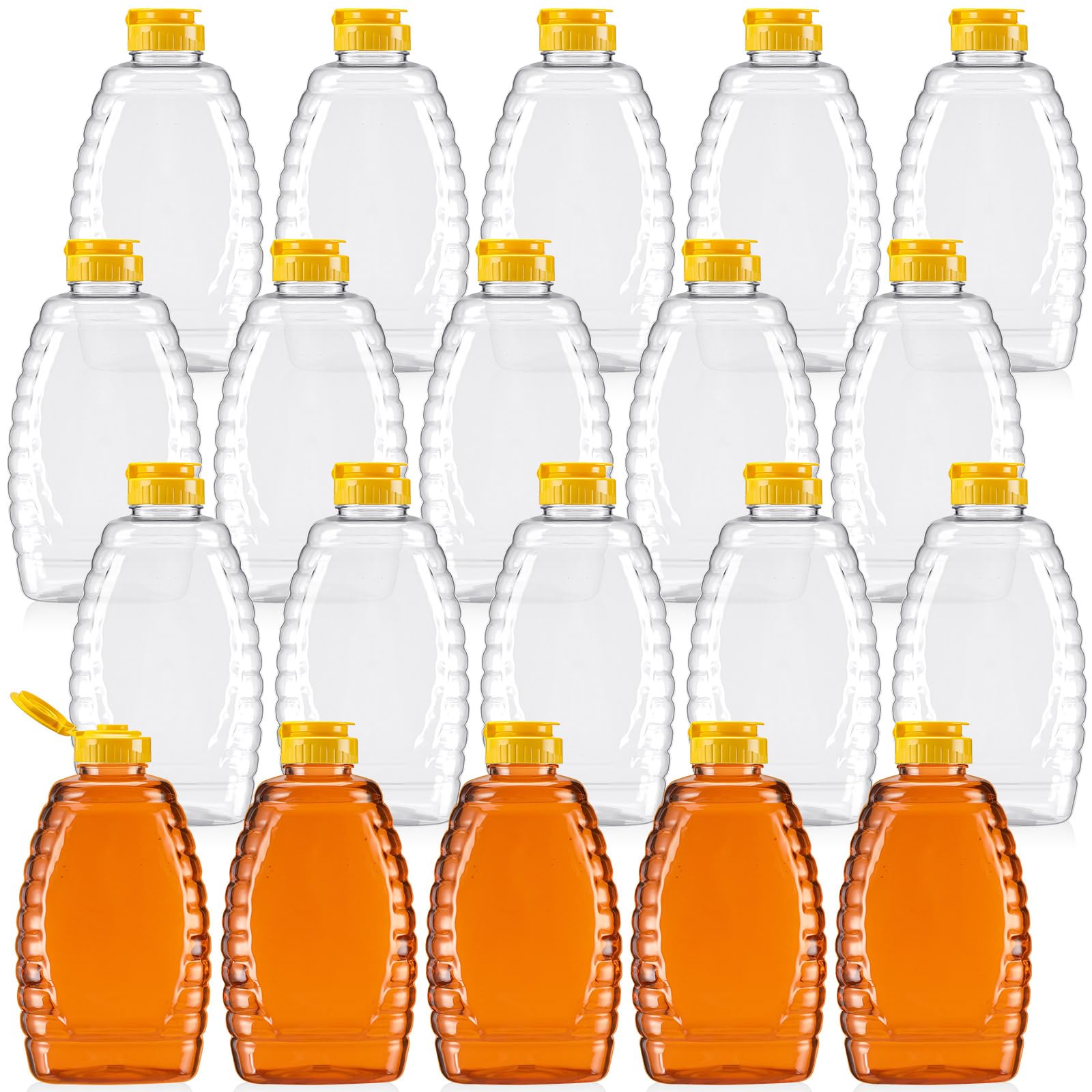 Layhit 20 botellas de miel de plástico transparente de 32 onzas con tapas, dispensador de contenedor de miel con tapa abatible, botella vacía para apretar miel para un fácil almacenamiento y