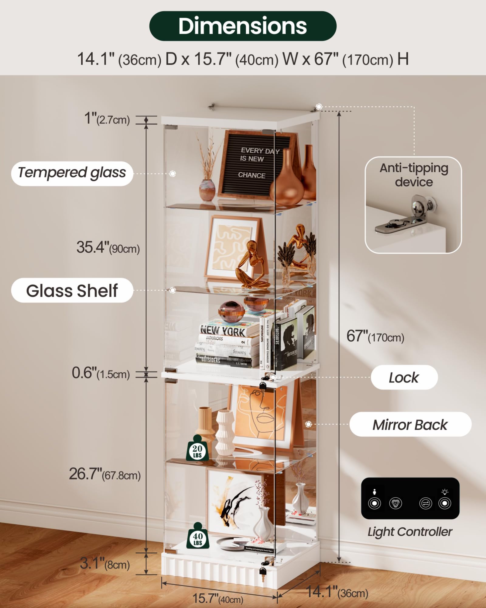 Lvifur Vitrine en Verre avec éclairage LED et tiroirs, vitrine Verticale avec capteurs intelligents, vitrine en Verre et Bois, vitrine de Collection à 5 Niveaux pour Objets de Collection, vin, Salon