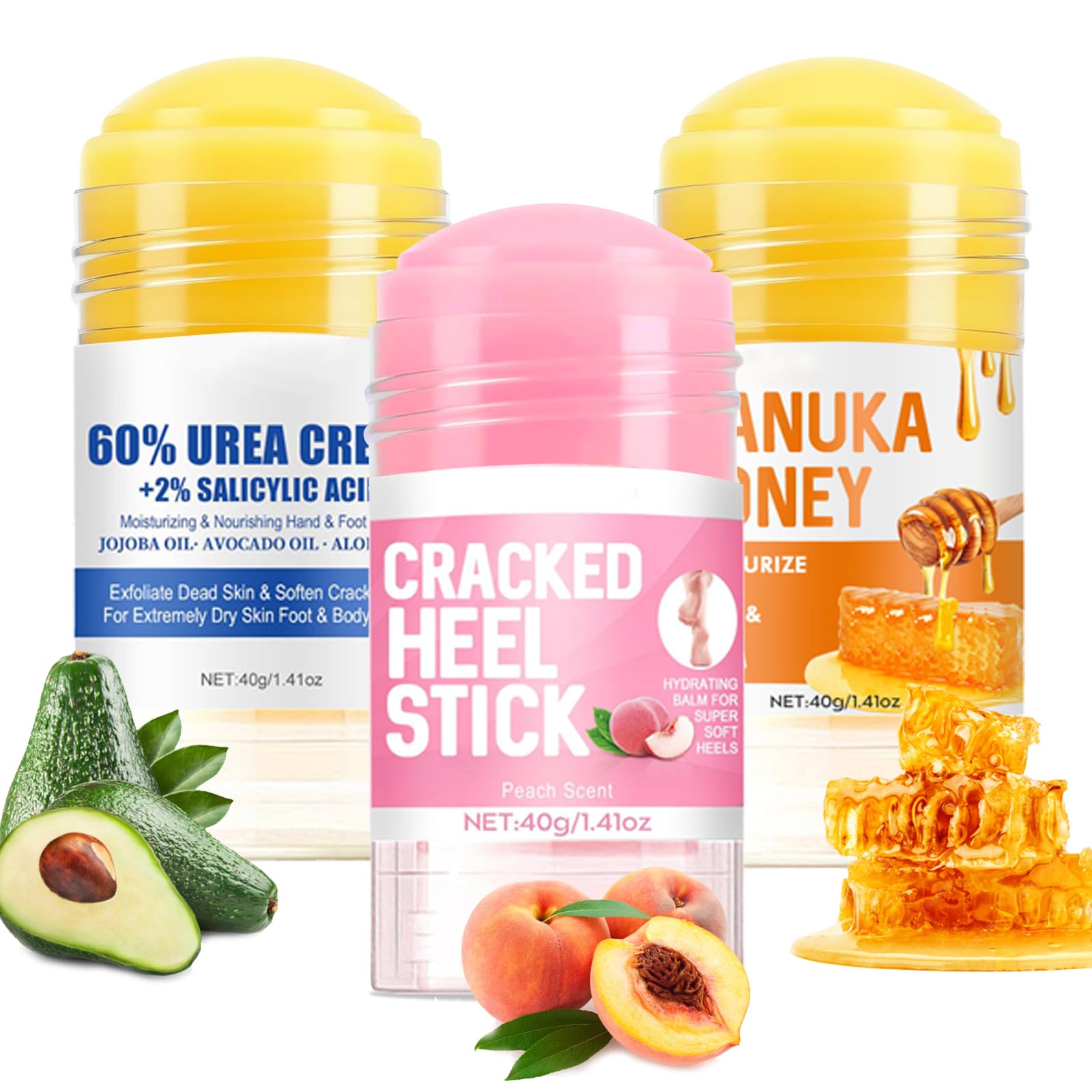 Charunee 3Pcs Cracked Heel Stick,Anti Crack Foot Cream Stick Heel Balm for Dry Cracked Feet Foot Care Cream Roll On Suitable for Women Men(Peach& Honey&Avocado)