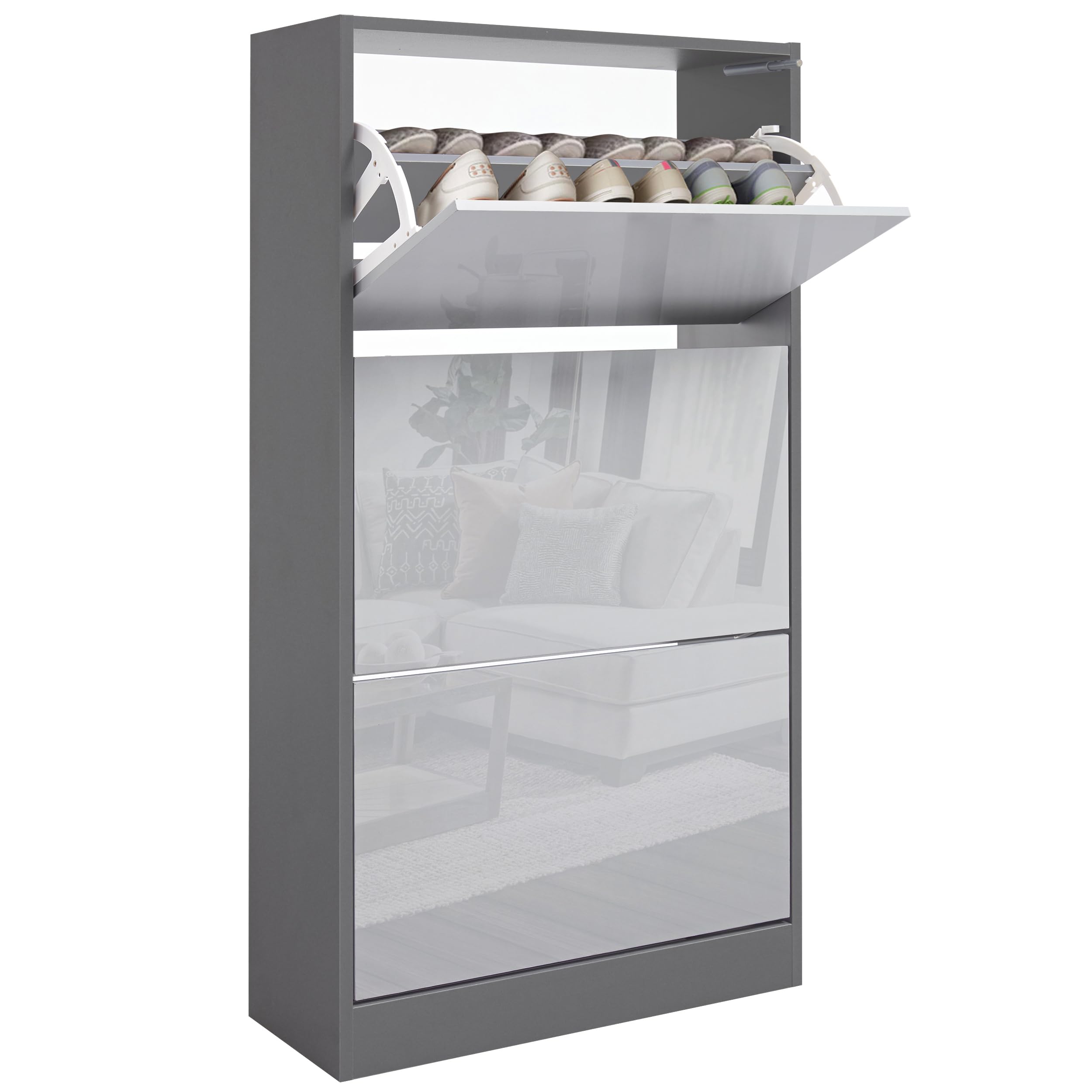 Blisswood High Gloss 3 Drawer Shoe Cabinet Cupboard, Shoe Storage Organiser Freestanding 3 Tier Wooden Shoe Rack Cabinet Modern Footwear Stand For Hallway, Living Room Furniture (Light & Dark Grey)