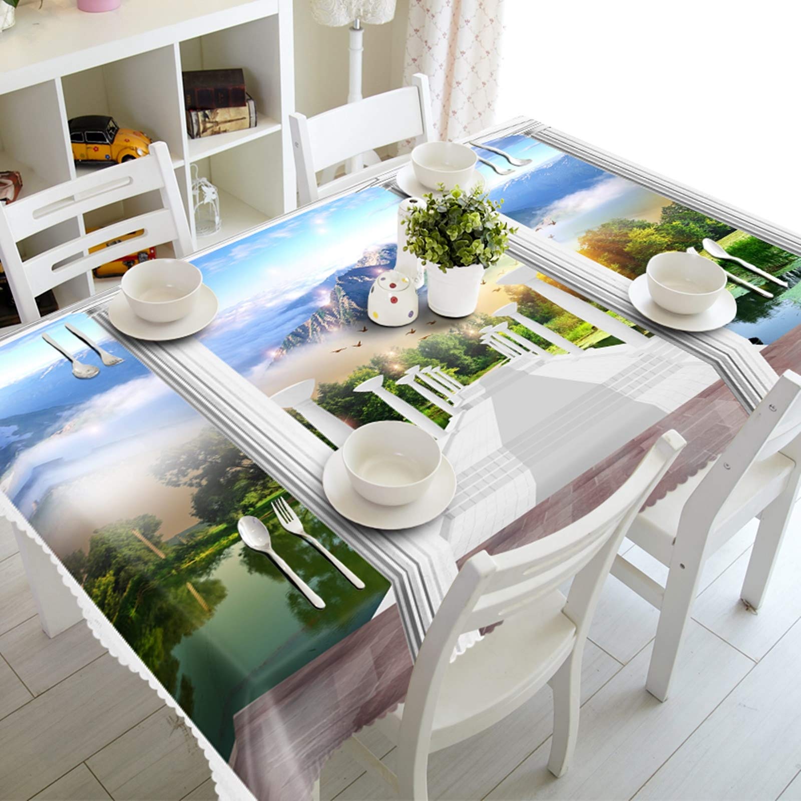 Banemi Picnic Table Clothes, Green Table Cloths for Parties Lake Mountains Path Polyester Table Cover for Picnic Decoration 60X90Inch