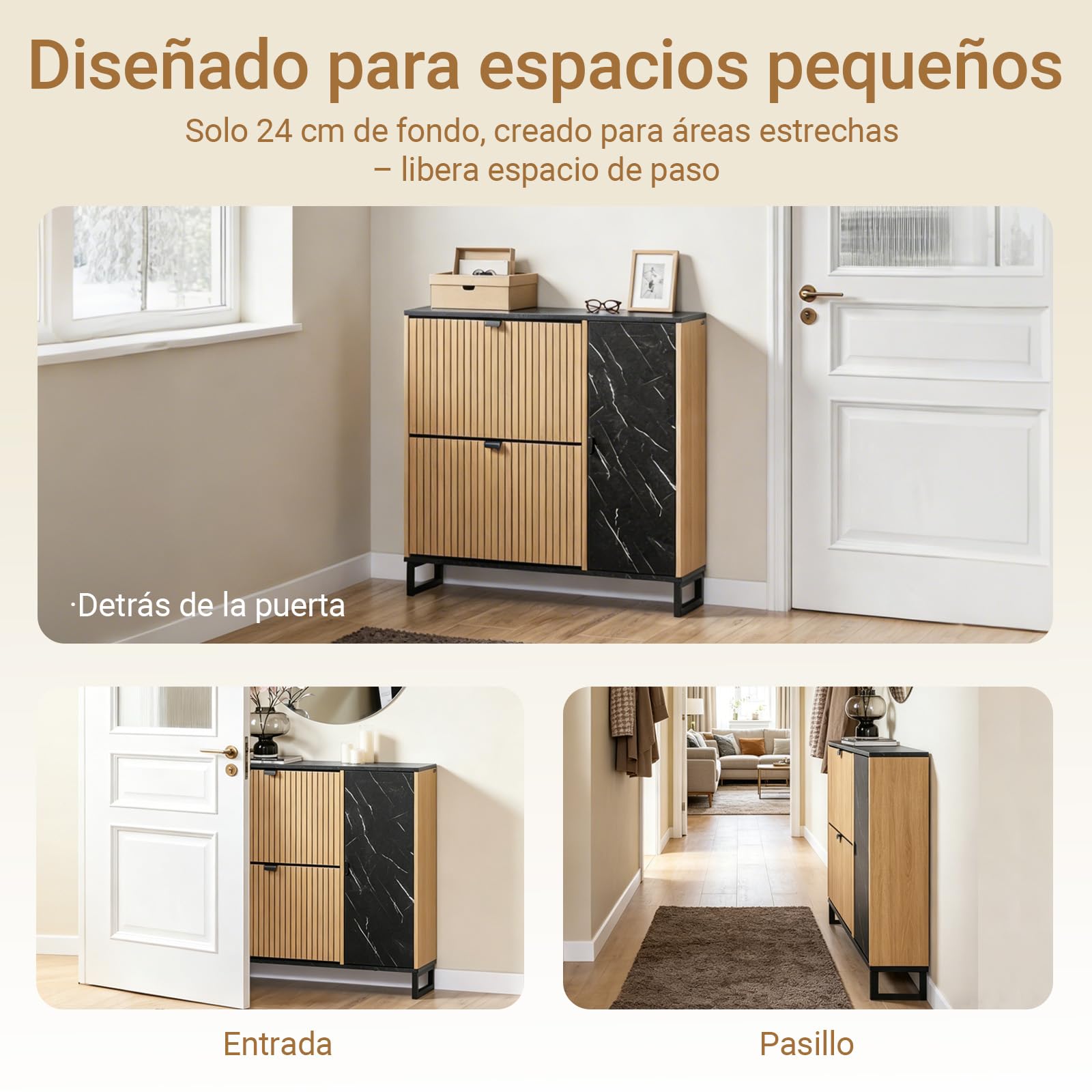 SoBuy Zapatero Entrada Recibidor Estrecho con Cajones Abatibles y Armario Lateral, Mueble Recibidor Estilo Nórdico, Ahorra Espacio - Negro y Roble Claro, 90x24x88cm, Carga 60KG - FSR203-N