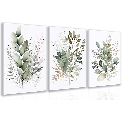 LLEEMPI Framed Sage Green Wall Art Set of 3, Modern Watercolor Botanical Wall Decor, Eucalyptus Leaf Canvas Painting, Classic Minimalist Florals Poster Print for Bedroom Bathroom Office 12x16 Inch