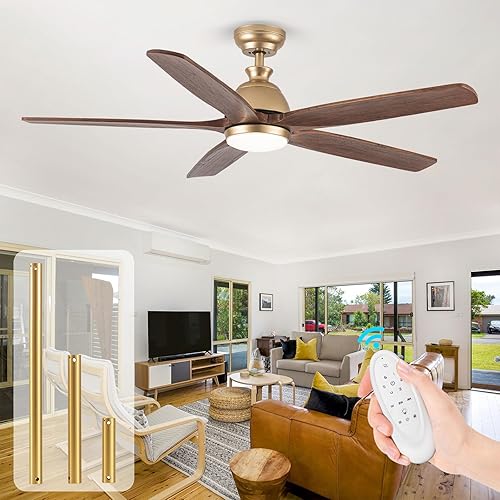 Ventilador de techo dorado de 52 pulgadas con luces y control remoto, ventilador de techo para exteriores con luz, luz LED regulable, ventilador de