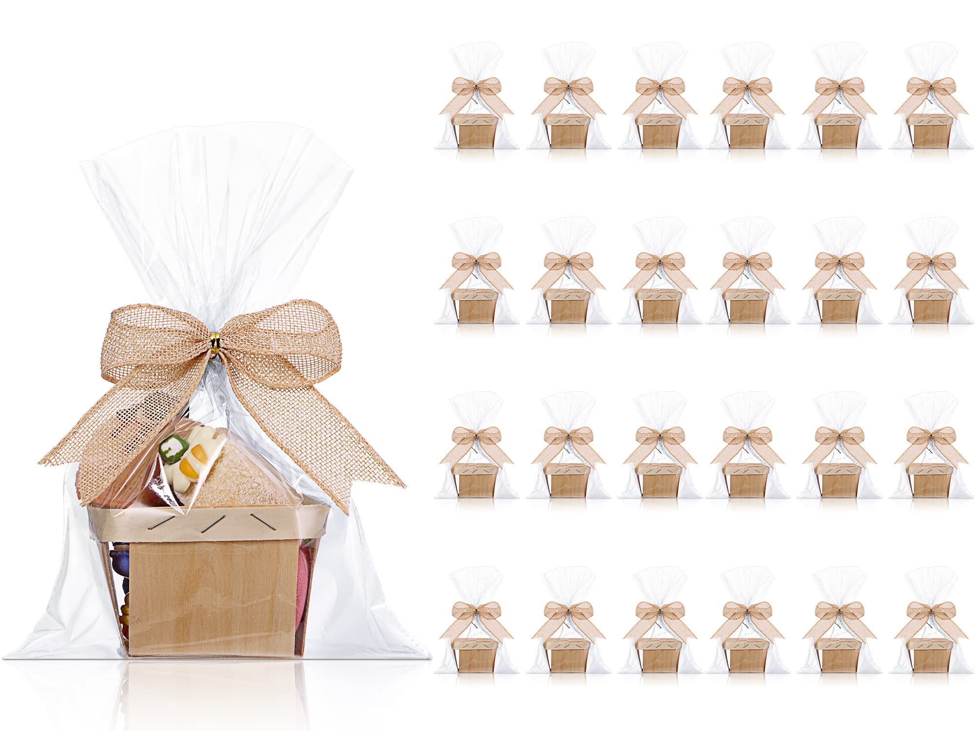 Kigley 24 Set Wooden Gift Baskets Empty 4 Inches Berry Basket Imitation Jute Bows Clear Treat Bags Set for DIY Picking Fruit Birthday Decorations Wedding Gift Packages