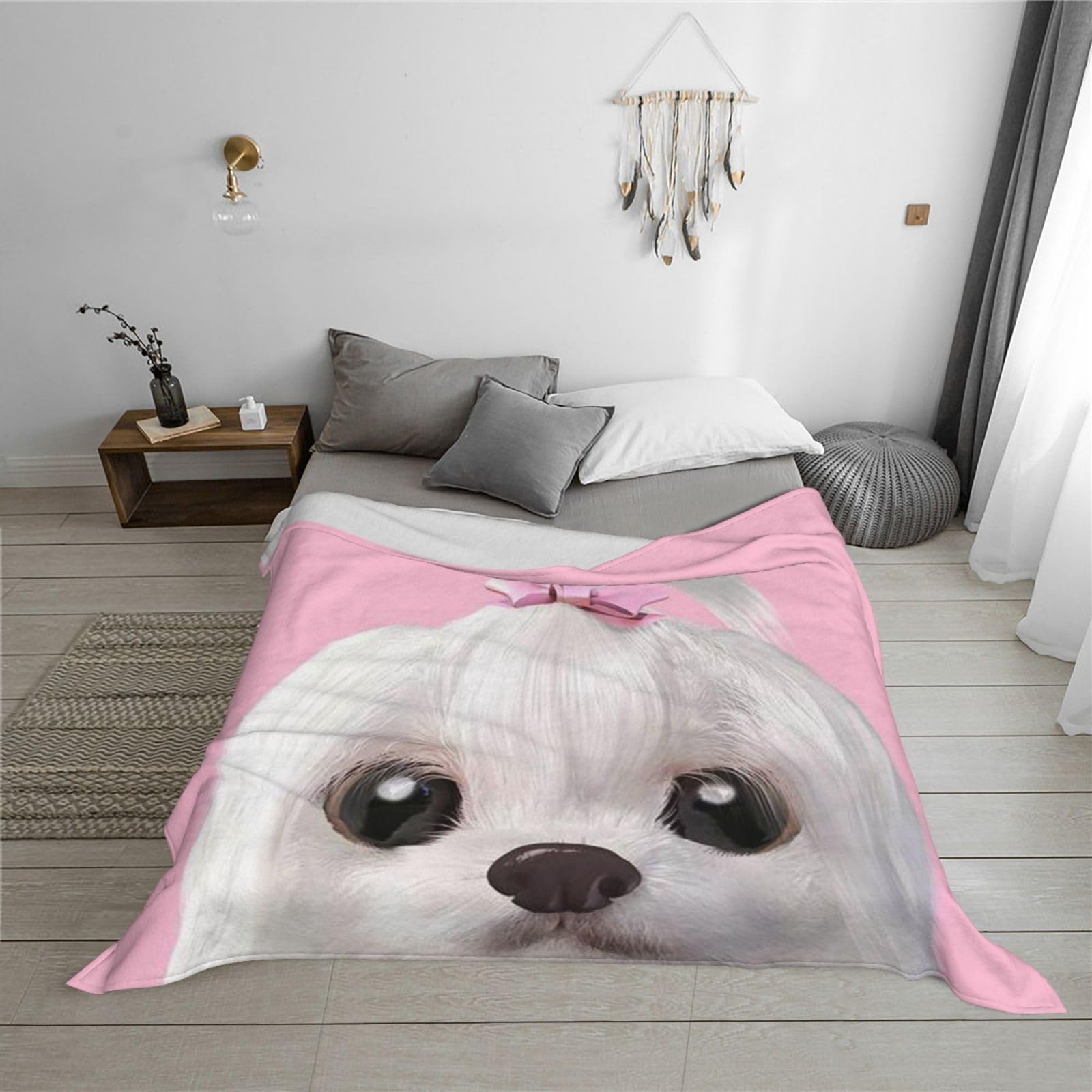 Schöne warme Flanelldecke mit Malteser-Motiv, bedruckt, 280 g, leichte Plüschdecke
