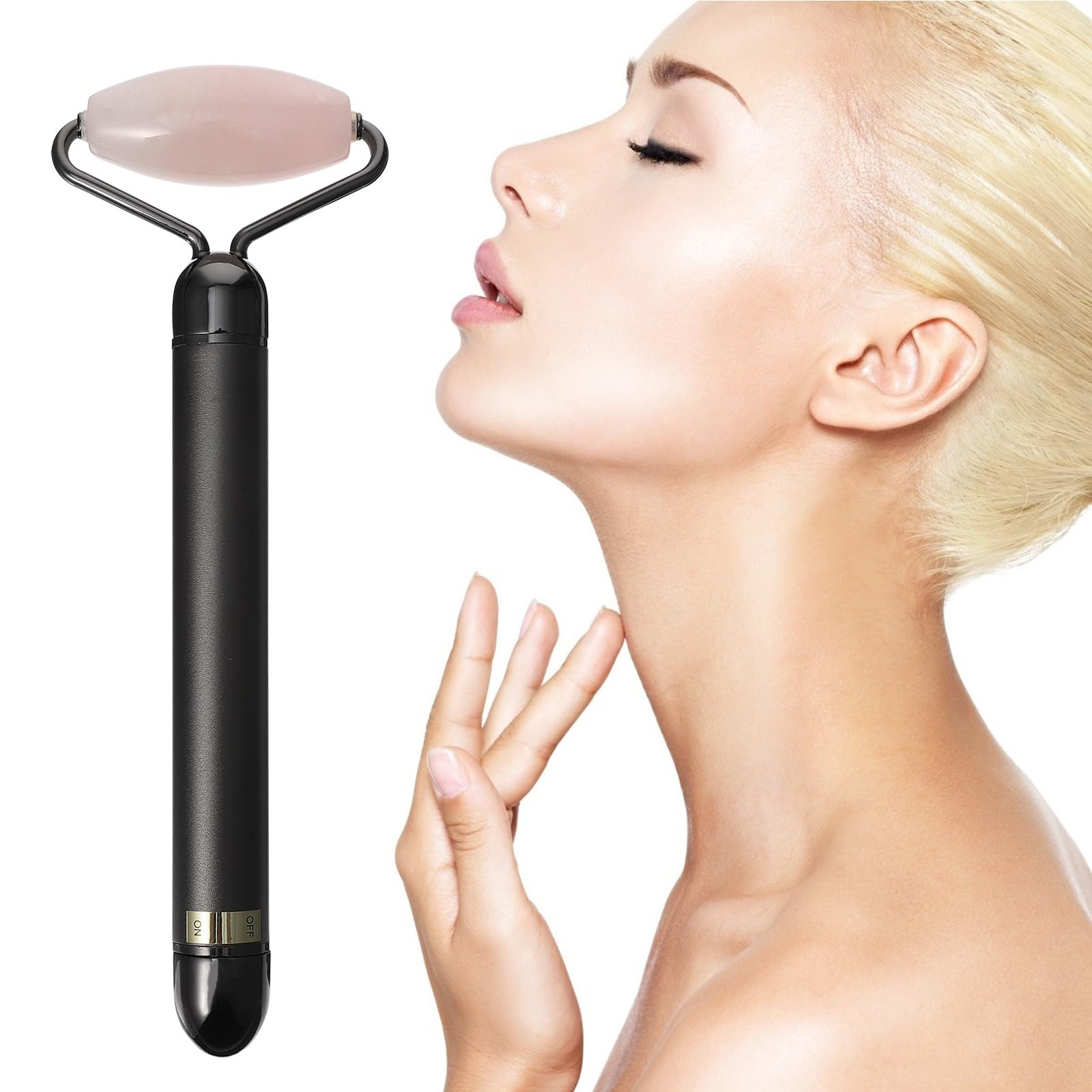 VOSAREA Masajeador Facial Rodillo de Jade y Polvo de Cristal, Eléctrico para Reducir Arrugas y Líneas Finas, para Piel del Rostro Femenina, Color Negro