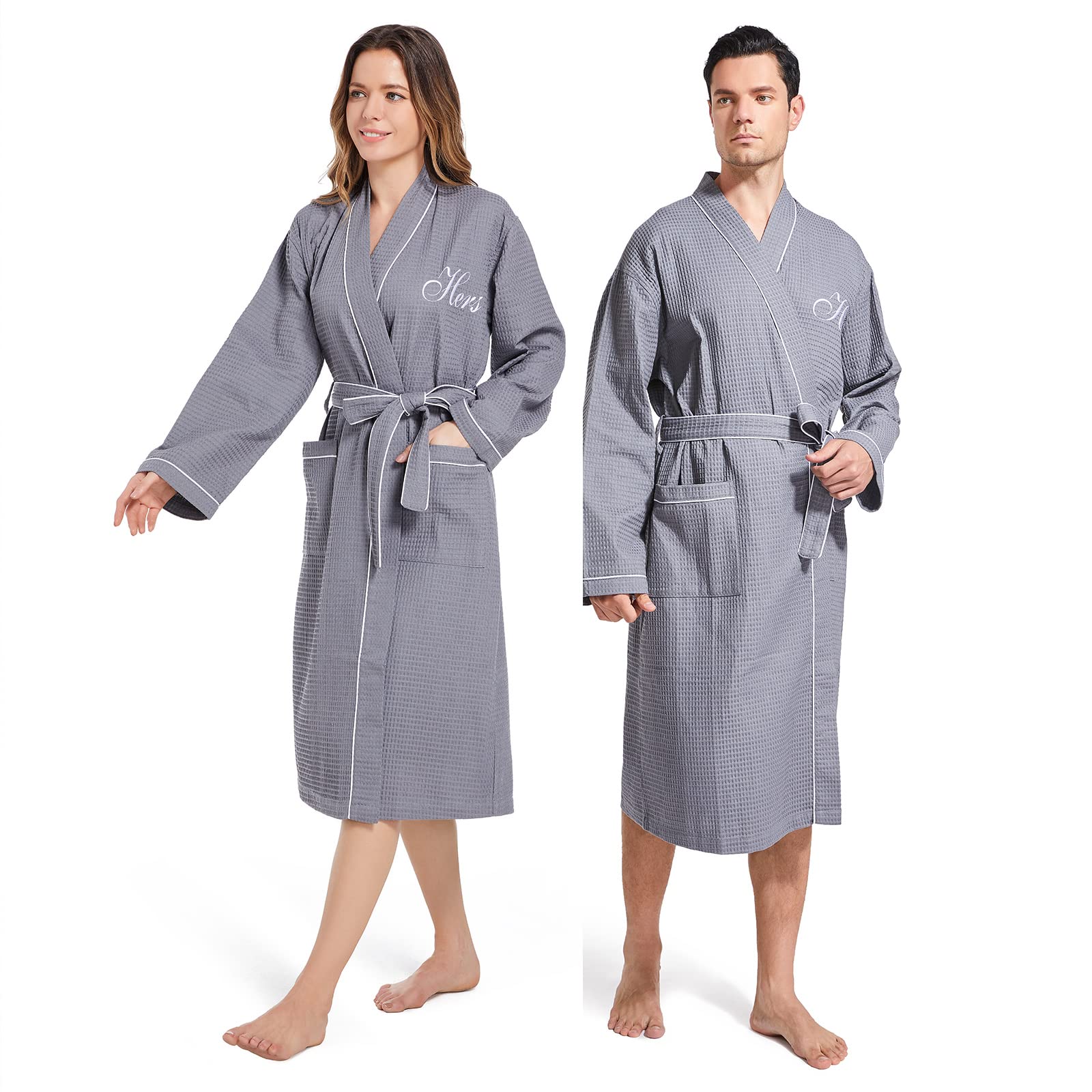 CONOMAX2Pcs Couples Dressing Gown Waffle Robe Sets Cotton Bathrobe for Hotel Spa Party Kimono robe