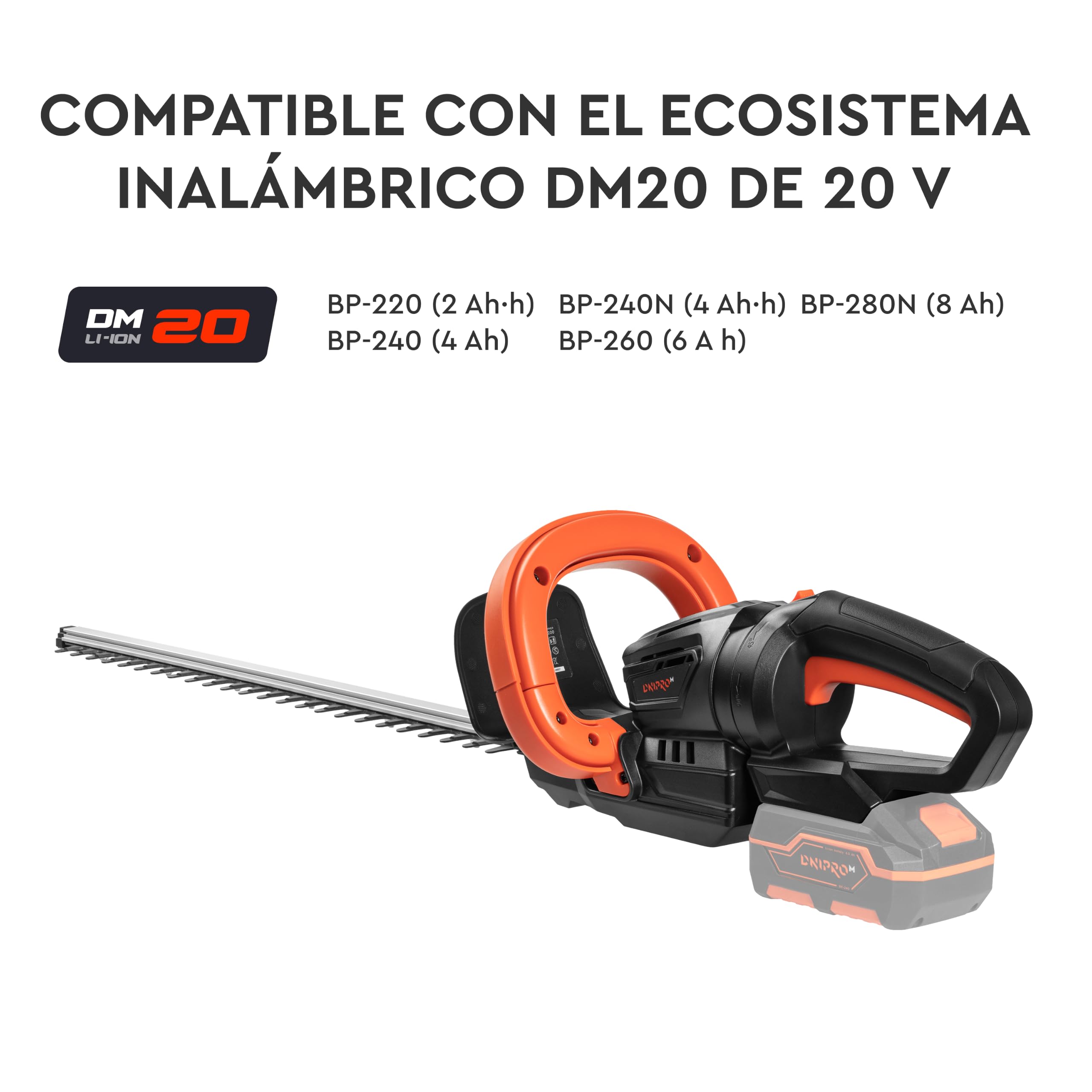Cortasetos a Batería DHT-200 20V - Cuchilla de 51 cm, Corte Máximo de 1,5 cm, Mango Giratorio 45° y 90° - Podadora Inalámbrica para Setos, Arbustos y Jardín, Con Batería 4 Ah y Cargador - Por Dnipro-M