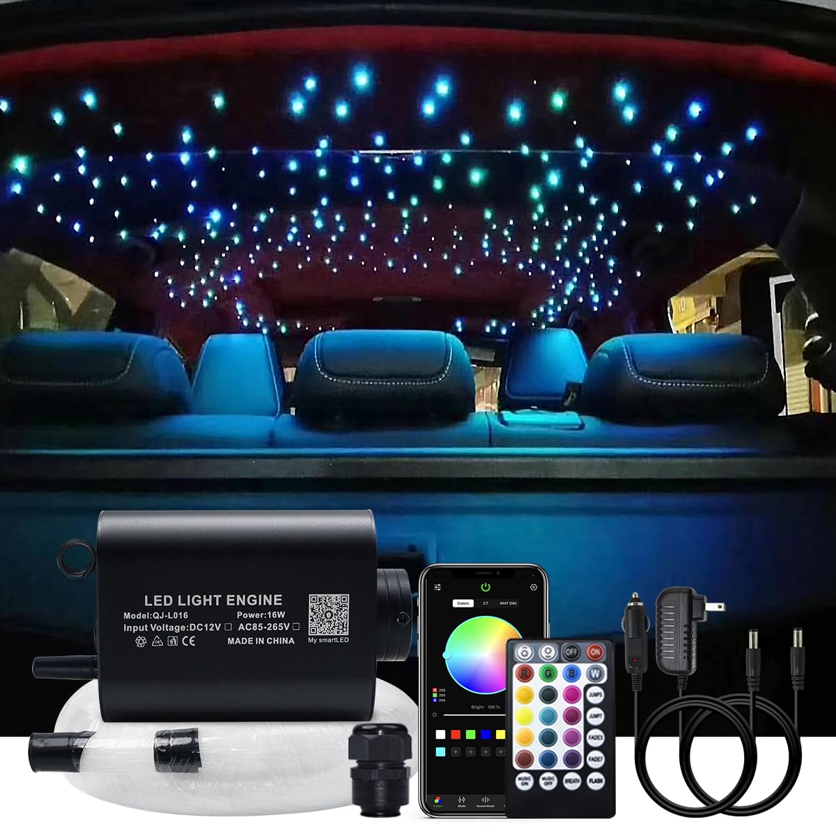 AKEPO 16W Car Home RGBW APP+Music Control Fiber Optic Lights Star Ceiling Light Kit, 28key RF Musical Remote with Sound Sensor Light Source and Mixed Fiber Cable 430pcs（0.75+1+1.5mm）9.8ft/3m
