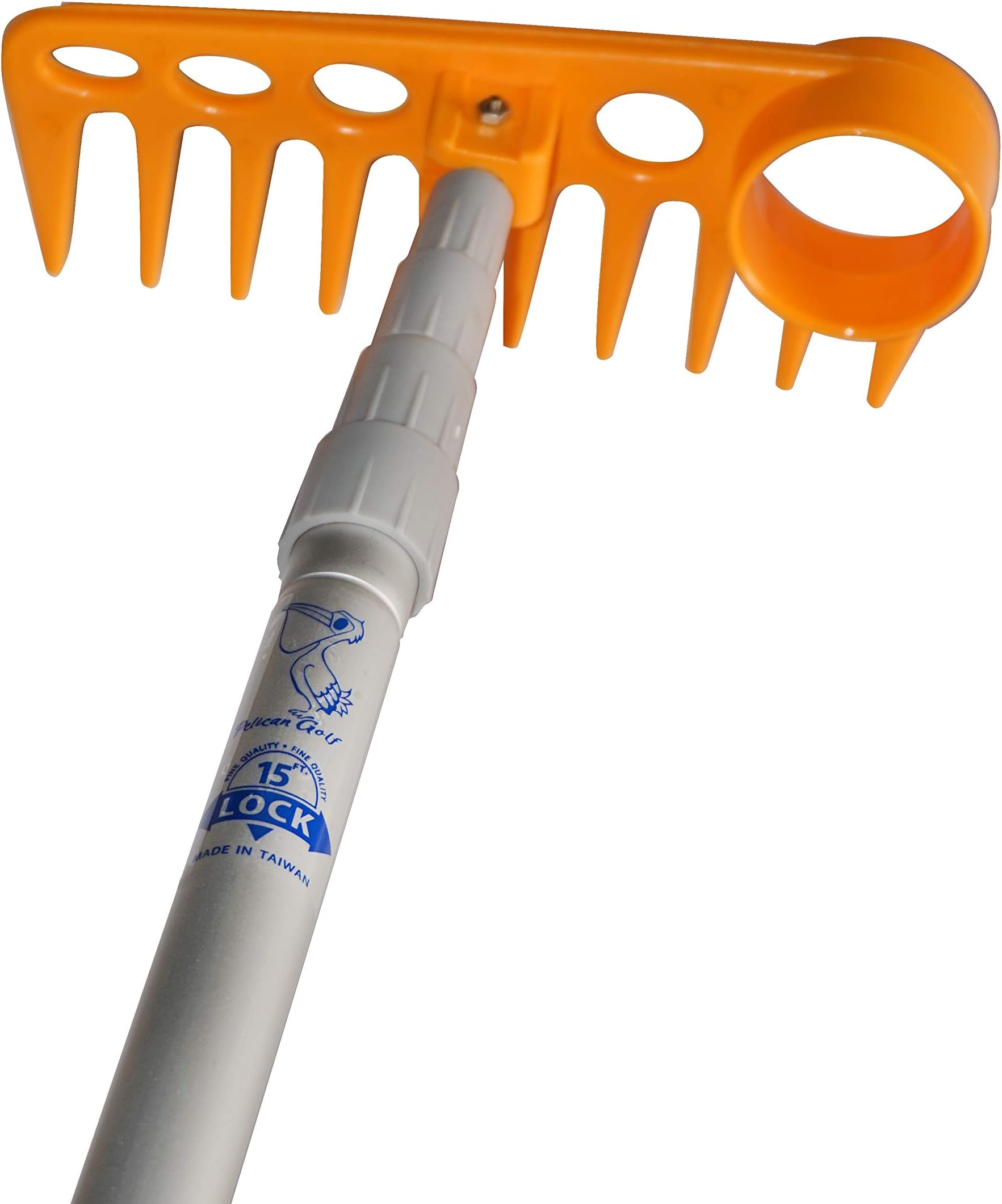 Pelican Golf Sand Bunker Rake Golf Ball Retriever with Premium Golden Yellow Nylon Cup Multi Function Telescopic Retractable Ball Pick Up Tool 15 Foot Maximum Length Aluminum Alloy Shaft