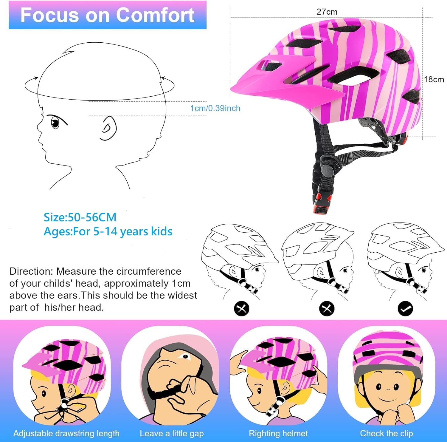 Kask dziecięcy, kask rowerowy dla chłopców i dziewcząt w wieku 3-15, lekki kask rowerowy górski z tylnym światłem Regulowana kierownica Zdejmowany daszek (48-56 cm) (różowy+pomarańczowy)