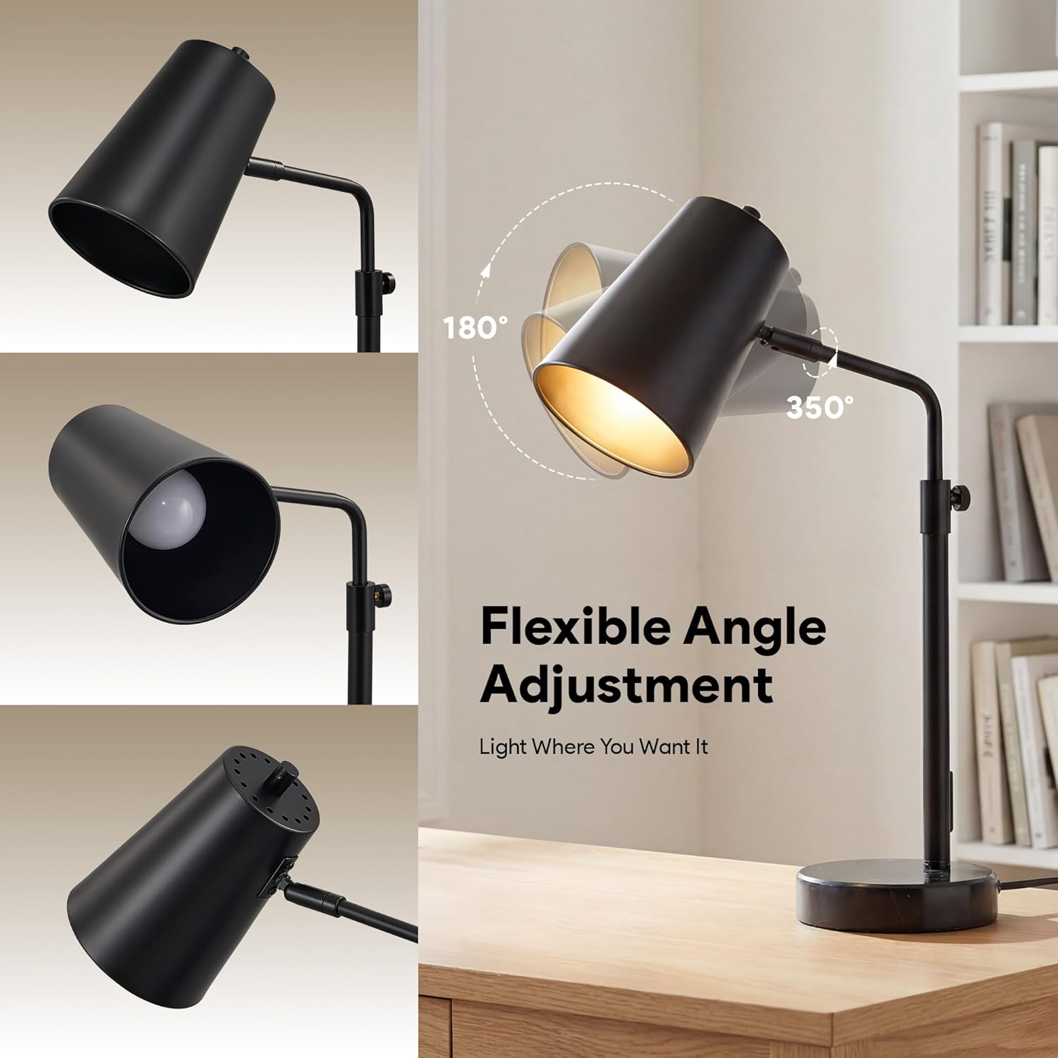 VONLUCE 20" Desk Lamp with LED Bulb, Metal Table Lamp Marble Base, Mid Century Modern Reading Lamp Office, Industrial Task Lamp Work Lamp for Reading Bedroom, Black
