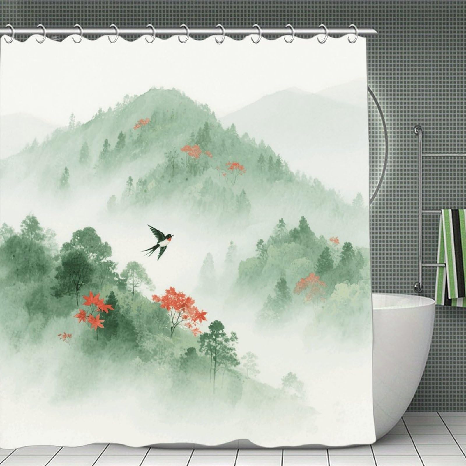 VstaDank Mountain Forest Shower Curtain Waterproof Bathroom Shower Curtain with C Type Hooks Soft Lightweight Shower Curtains Liner Washable Polyester Cloth Shower Liner 71x71 Inch