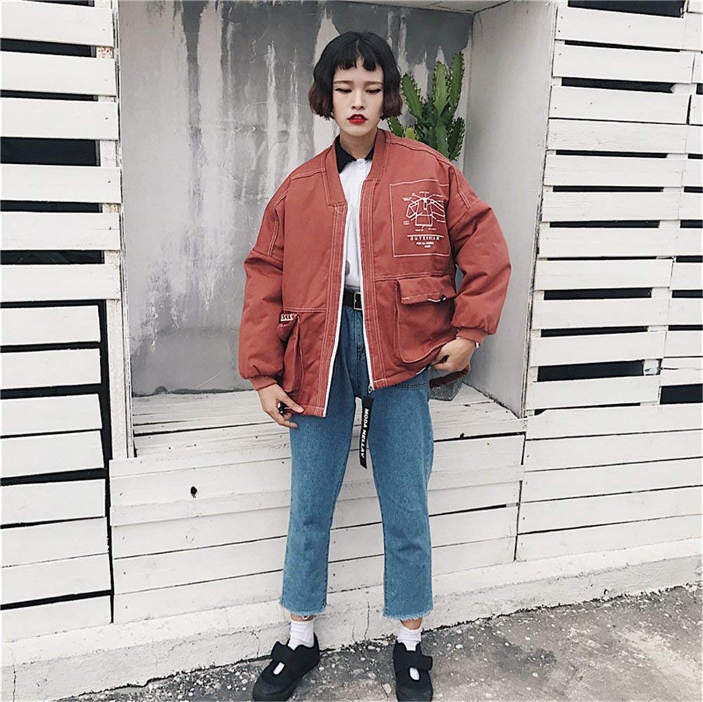 Kurtka damska jesień zima elegancki luźny płaszcz na zewnątrz z długim rękawem zamek błyskawiczny retro na co dzień moda vintage chłopak styl kurtka płaszcz odzież wierzchnia, Czerwony, L