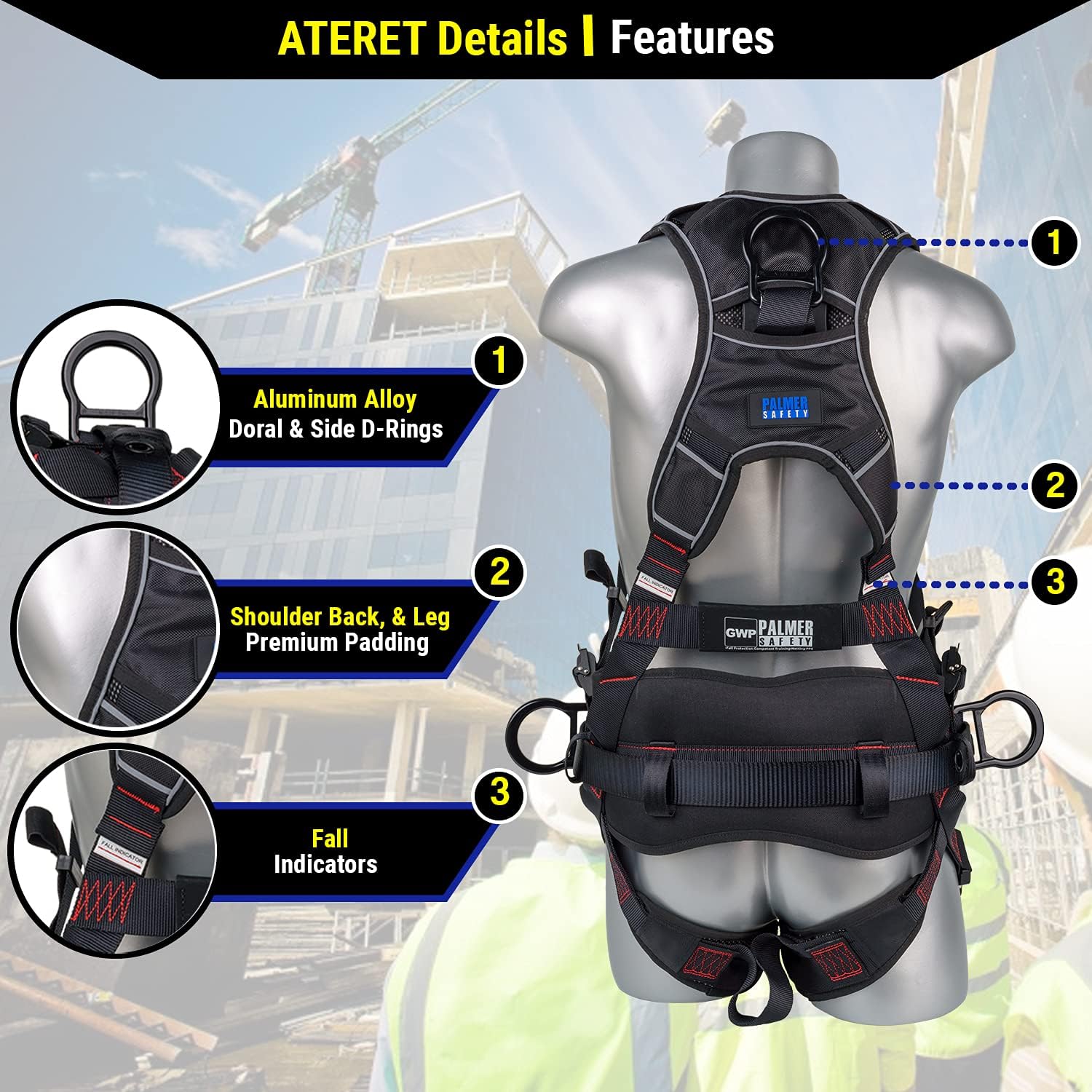 Palmer Safety Akula Construction Premium Safety Harness Kit, 3D-Ring Aluminum, 6' Single Leg Lanyard & D-Ring Extender