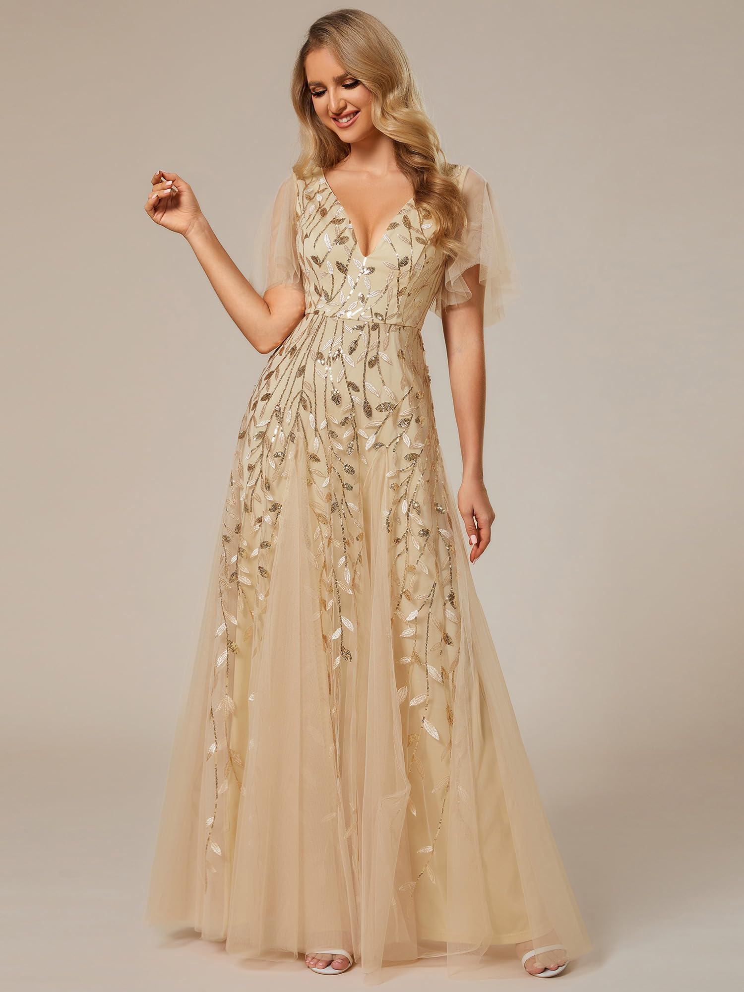 Ever-Pretty Robe de soirée élégante en tulle à manches courtes et décolleté en V - 00734