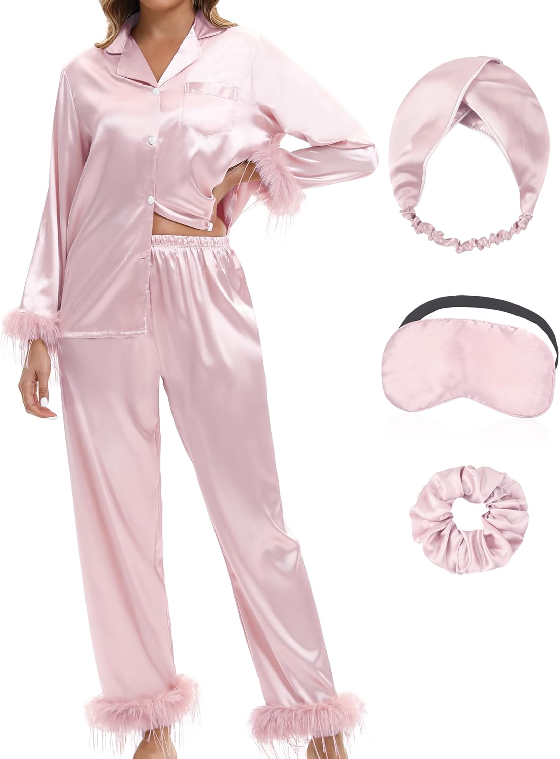 MORFORU Satin Pajama Set for Women Feather Trim Long Sleeve Pjs with Sleep Mask Headband Scrunchie Sleepwear Lounge Set