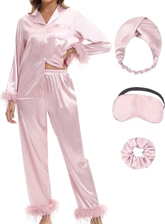 MORFORU Satin Pajama Set for Women Feather Trim Long Sleeve Party PJs Set