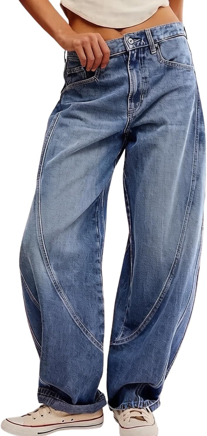 chouyatou Women Baggy Wide Leg Barrel Jeans Y2K Boyfriend Mid Rise Polka Dot Printed Denim Palazzo Pants