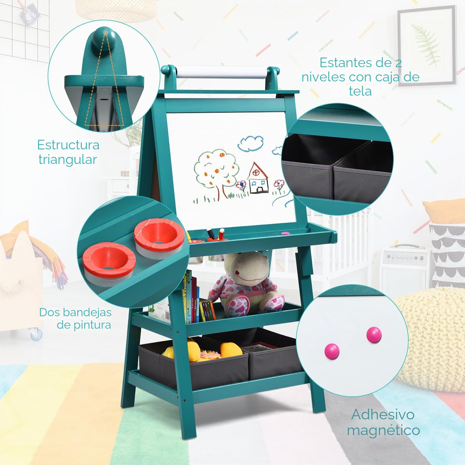 RELAX4LIFE Pizarra 3 en 1 para niños de doble cara, 56 × 43 × 117 cm (azul)