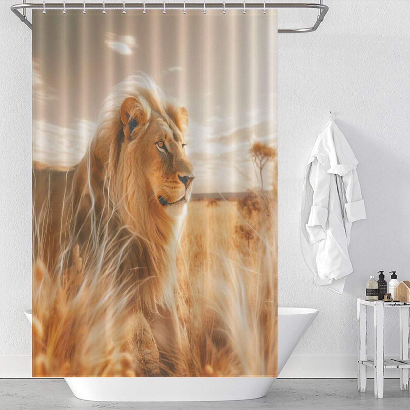 Rideau de douche lion en polyester lavable 122x183cm pour baignoire salle de bain