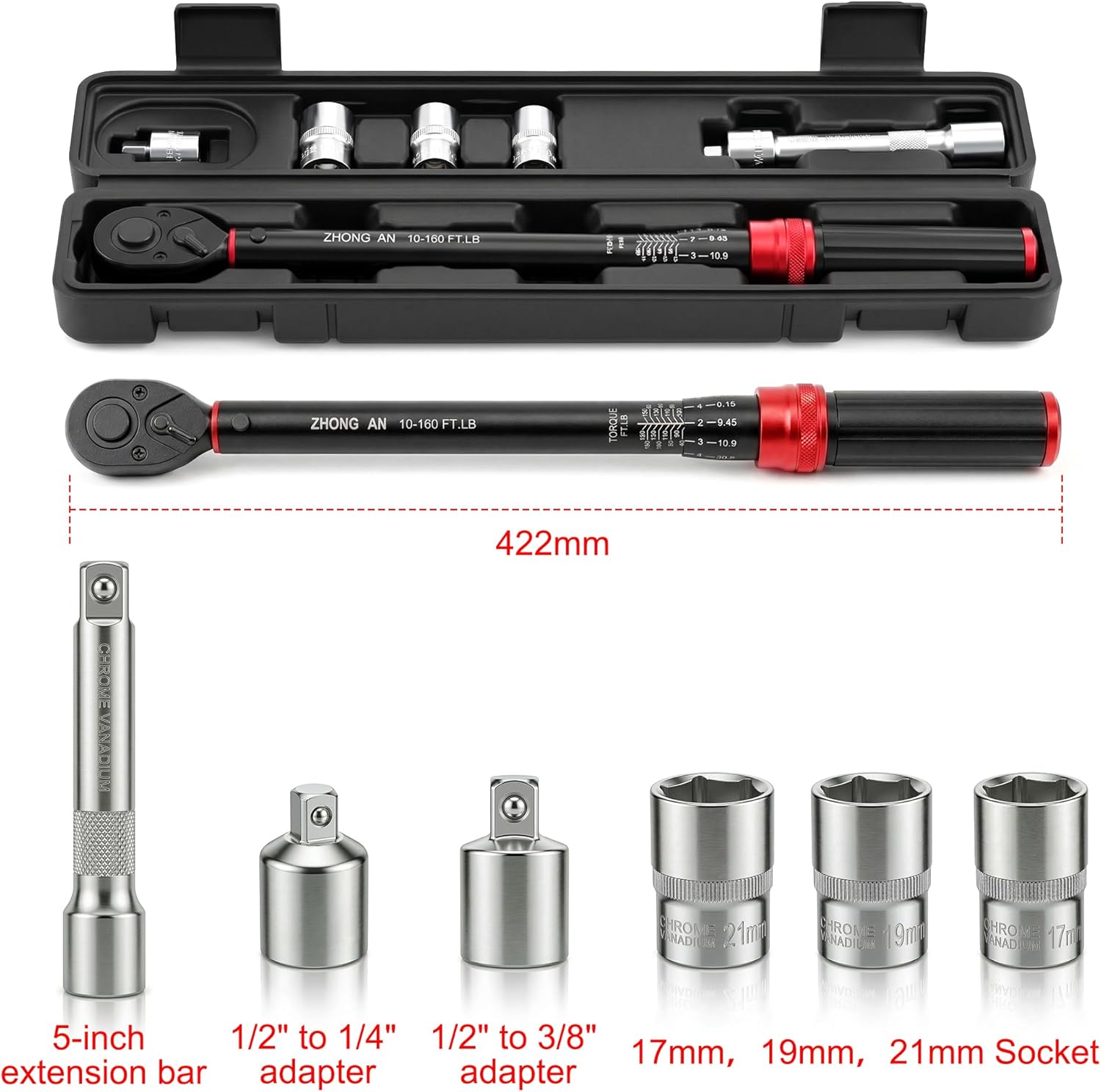 1/2" Drive Click Torque Wrench,10-160 FT.lb,±3% Precision 72-Tooth Dual Direction Dual Range Scale, for Car Bike Moto Repair