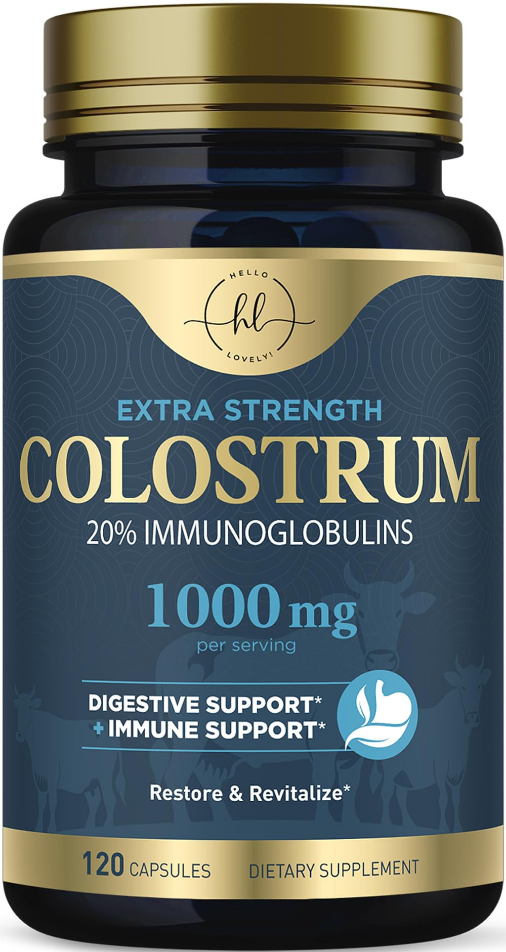 Colostrum Supplement 1000mg - Max Strength 20% Immunoglobulins for Gut & Immune Support - Natural Bovine Powder for Muscle, Skin & Hair Support - Gluten Free Unflavored & Bottled in USA - 120 Capsules 120 Count (Pack of 1)