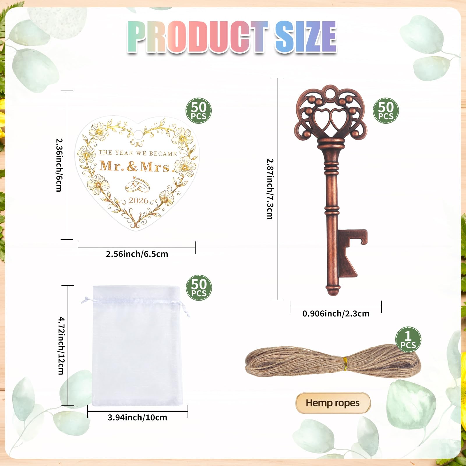 50 apribottiglie in Metallo a Forma Chiave retrò con Sacchetto in Organza Etichetta appesa per Matrimonio, Anniversario, Sposa, Doccia, Miscela Metalli, Set apribottiglie