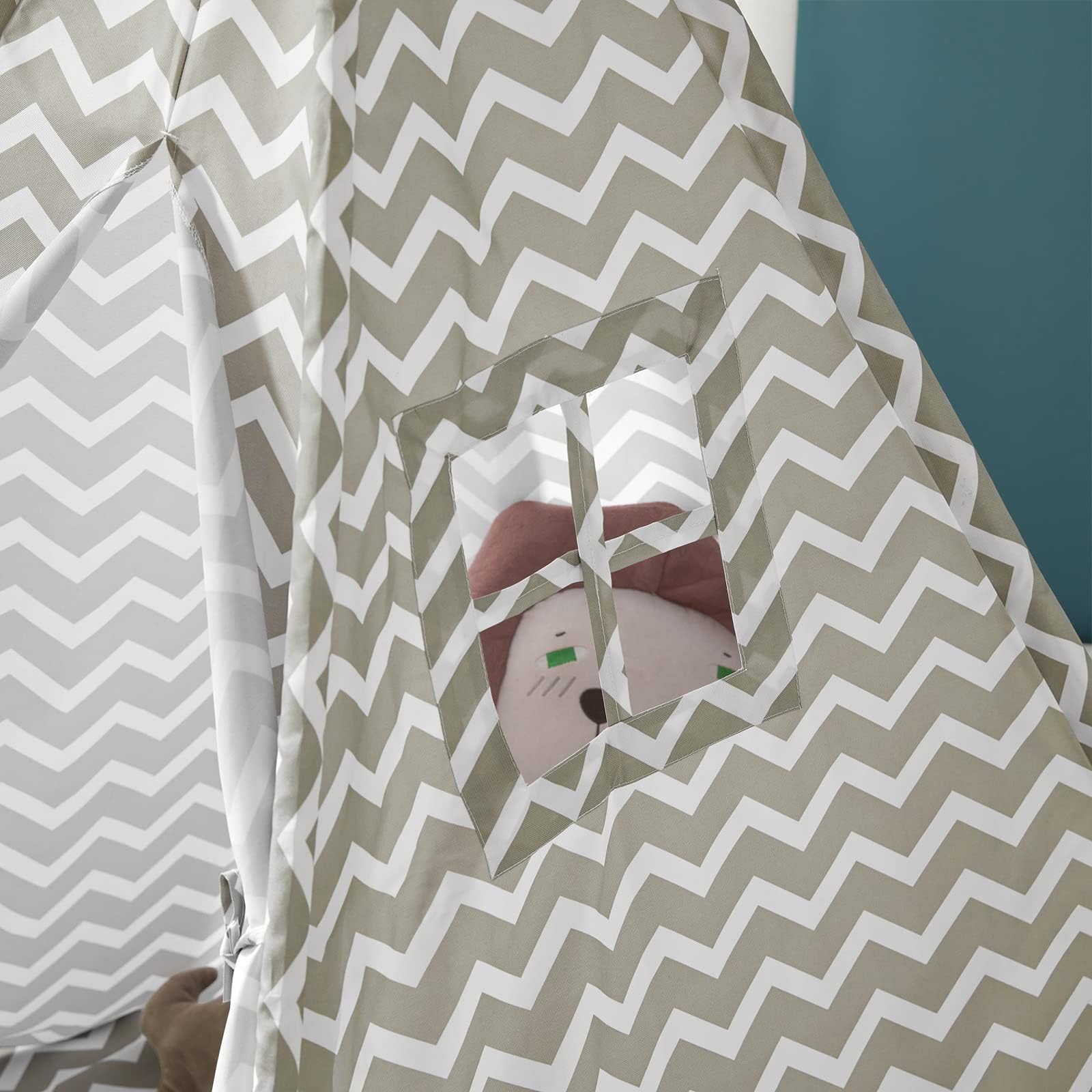 SoBuy Tenda Tipi Bambini 109x109x165cm Cameretta | casetta gioco con tappetino, finestra e tenda apribile, struttura in pino OSS03