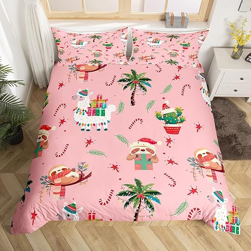 Manfei Juego de funda de edredón de Año Nuevo, tamaño matrimonial, lindo juego de ropa de cama con estampado de alpaca y perezoso de Navidad, 3