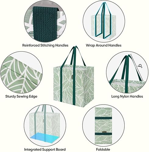 Miniatura 3 de BALEINE Paquete de 4 bolsas de comestibles reutilizables con parte inferior reforzada, bolsas plegables resistentes (follaje antiguo)