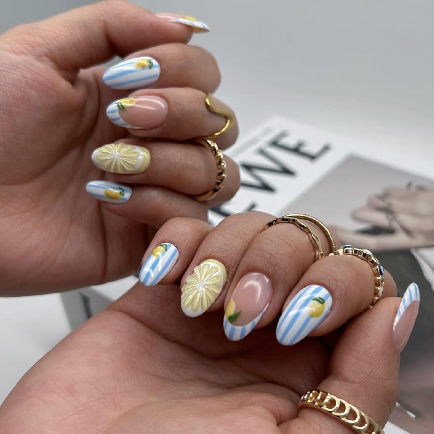 Summer Press on Nails Short Almond 3D Lemon Fake Nails with Designs Cute Fruit False Fingernails French Tip Nails Press Ons Acrylic Artificial Reusable Stick on Nail for Women DIY Nail Decorations