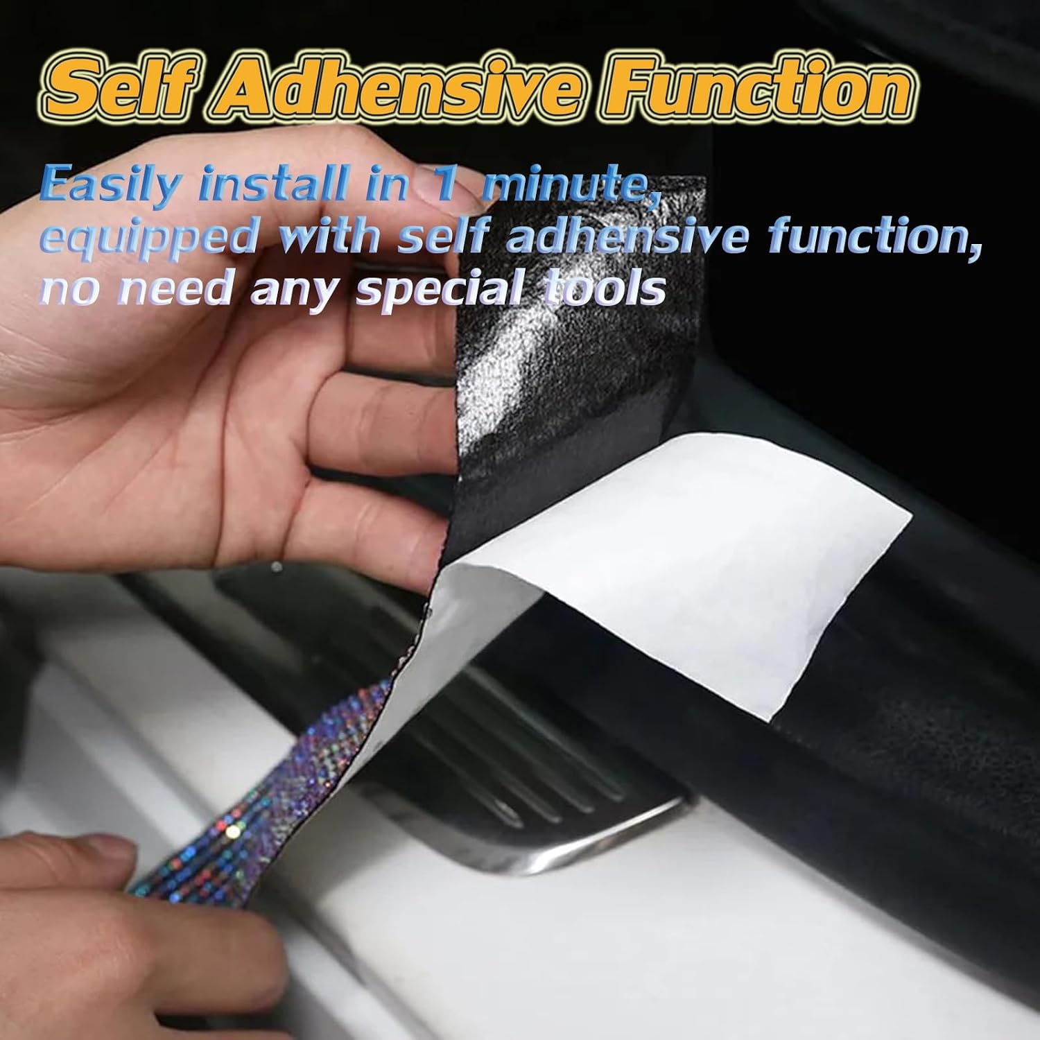 Car Door Sill Protector with Bling Rhinestones 2PCS Edge Guard Scuff Cover Anti-Scratch Strip Sticker for Car 7CM x 60CM (White)